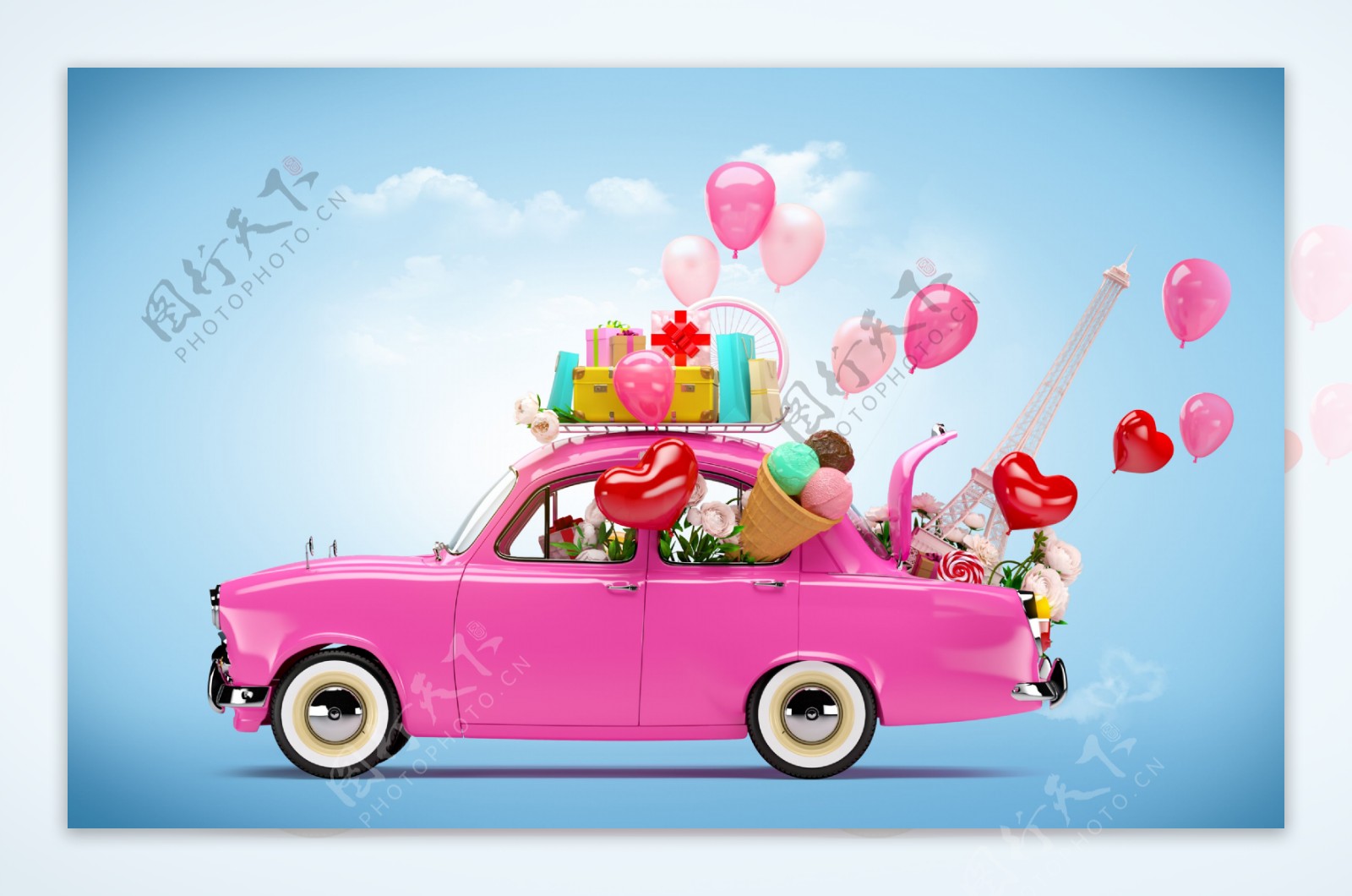 粉色汽车里的气球图片