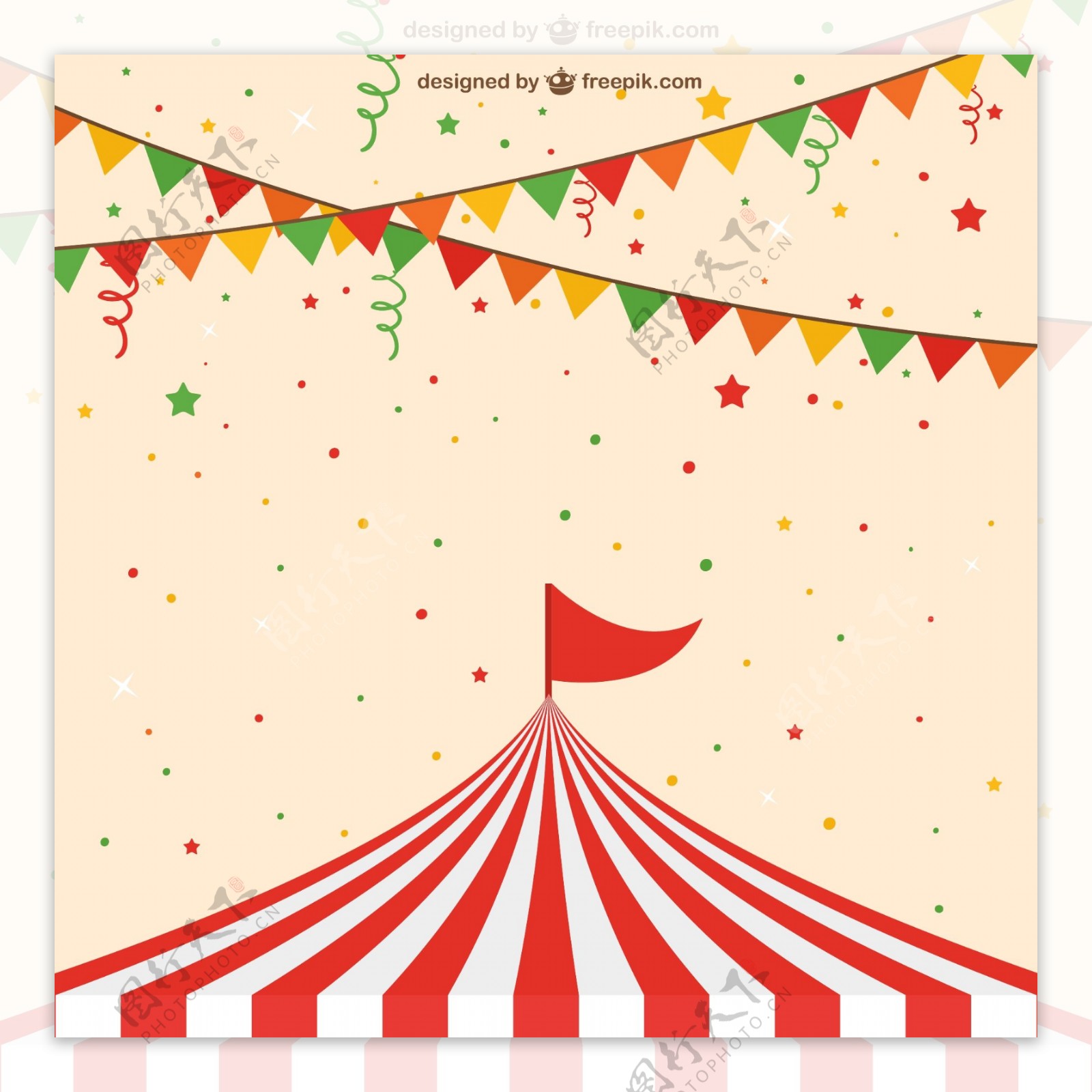 马戏团帐篷顶与三角拉旗背景矢量图片