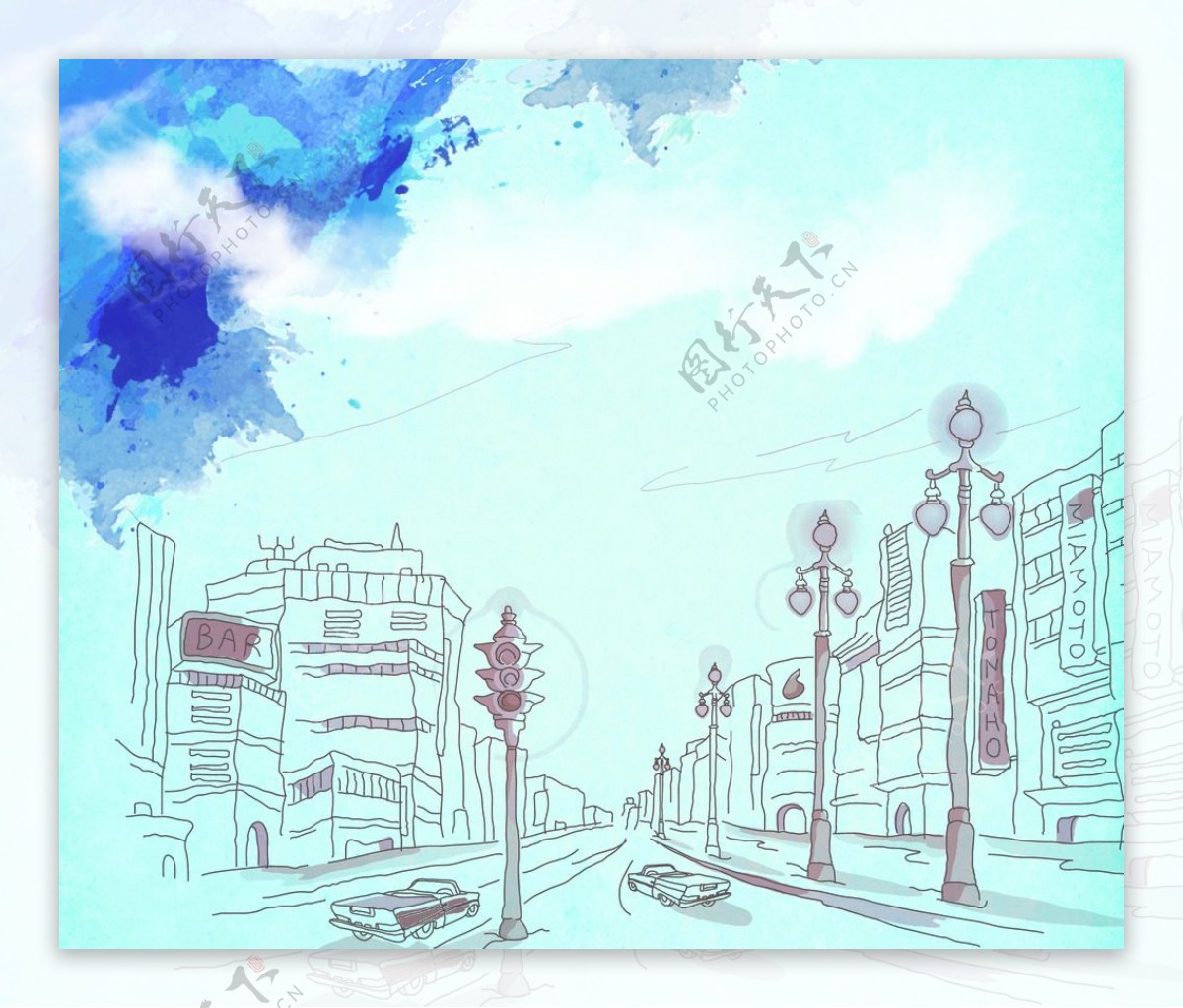 彩绘手绘城市街景