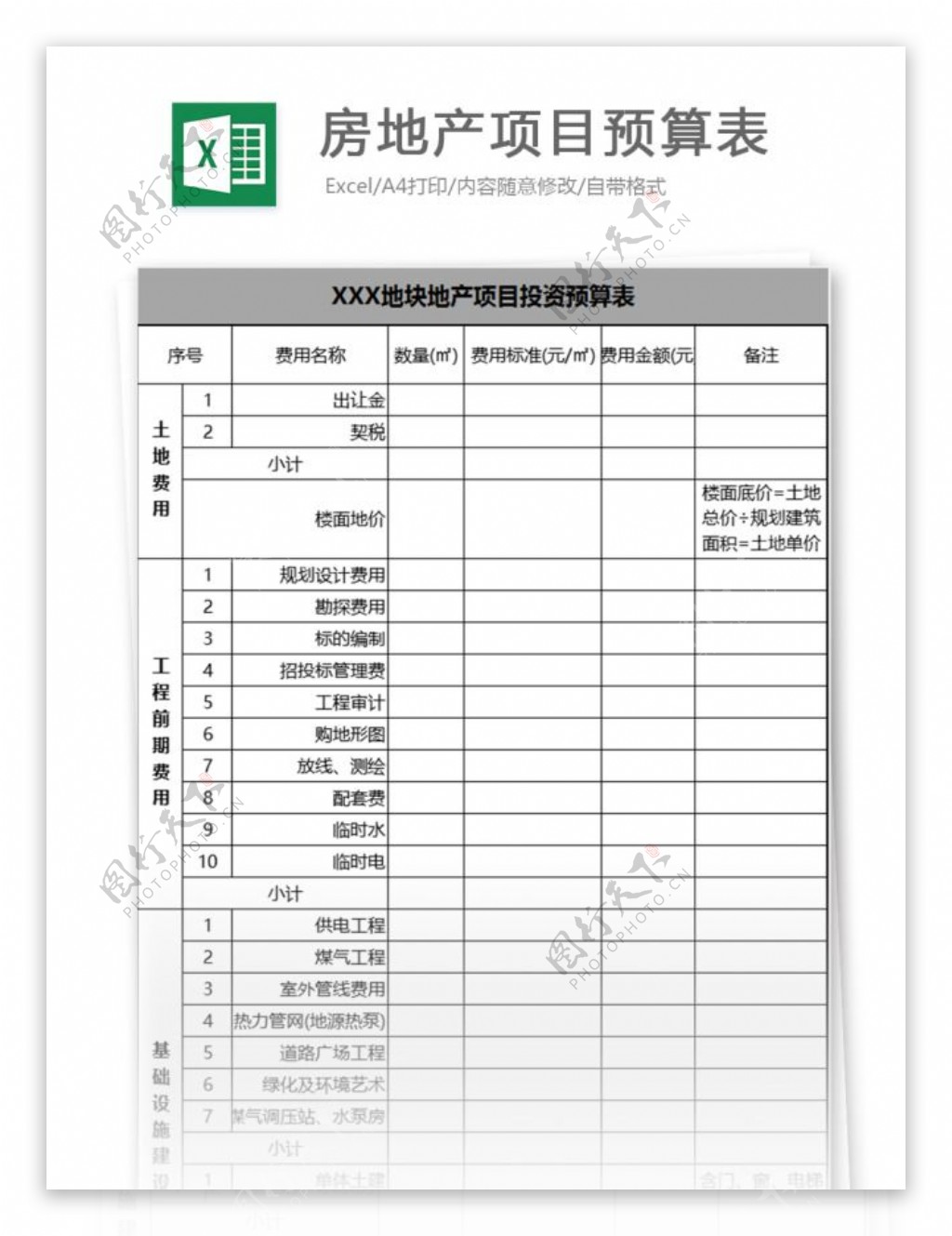 房地产项目预算表excel模板