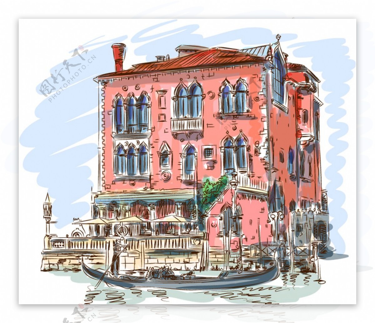 水彩绘威尼斯楼房与船矢量素材