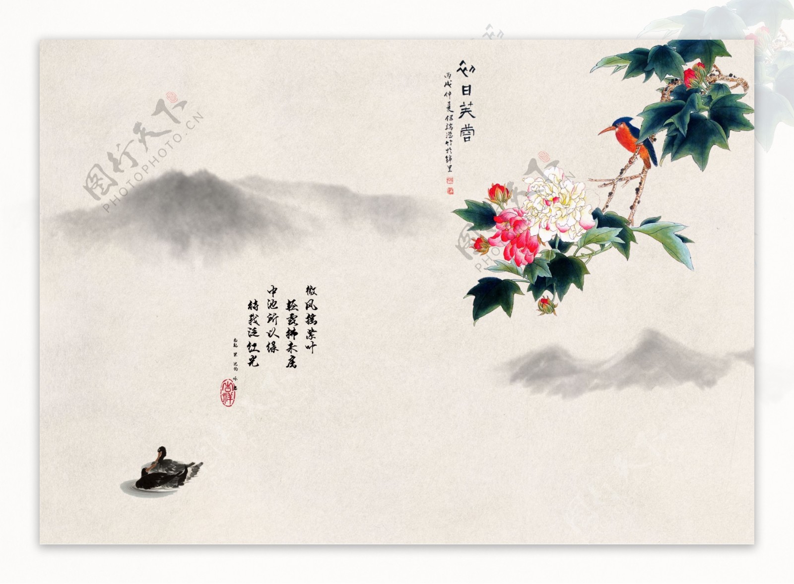中国风芙蓉花山水花鸟画写意风景背景墙