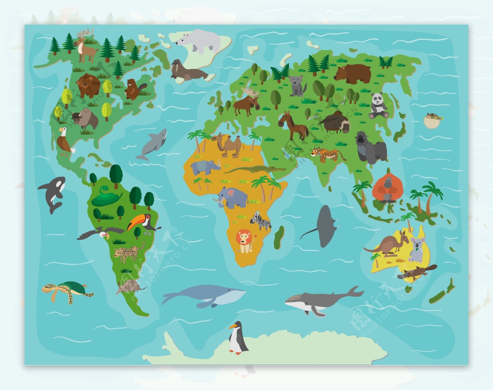 各种陆地和海洋野生动物世界地图