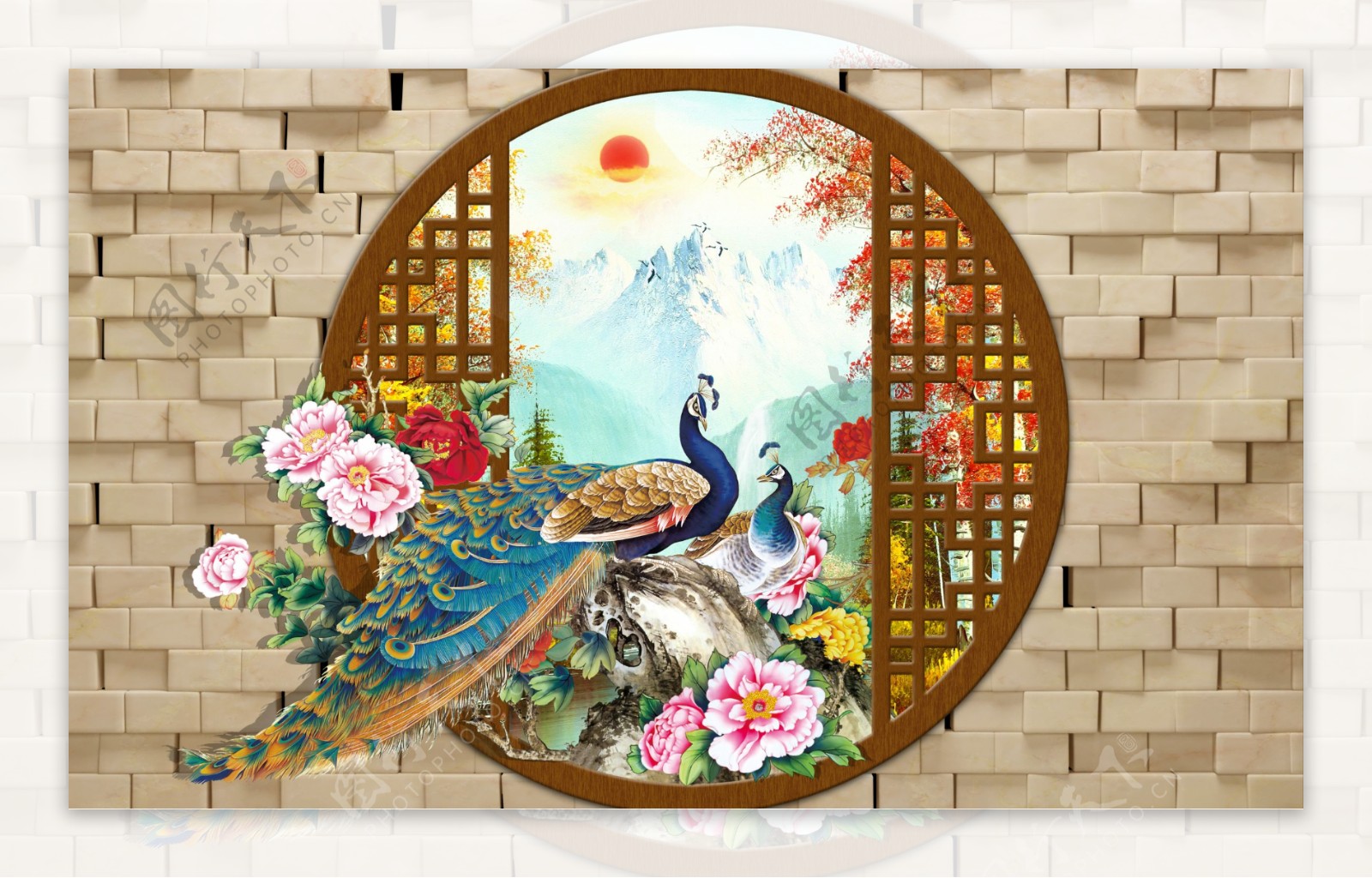 孔雀花卉背景墙