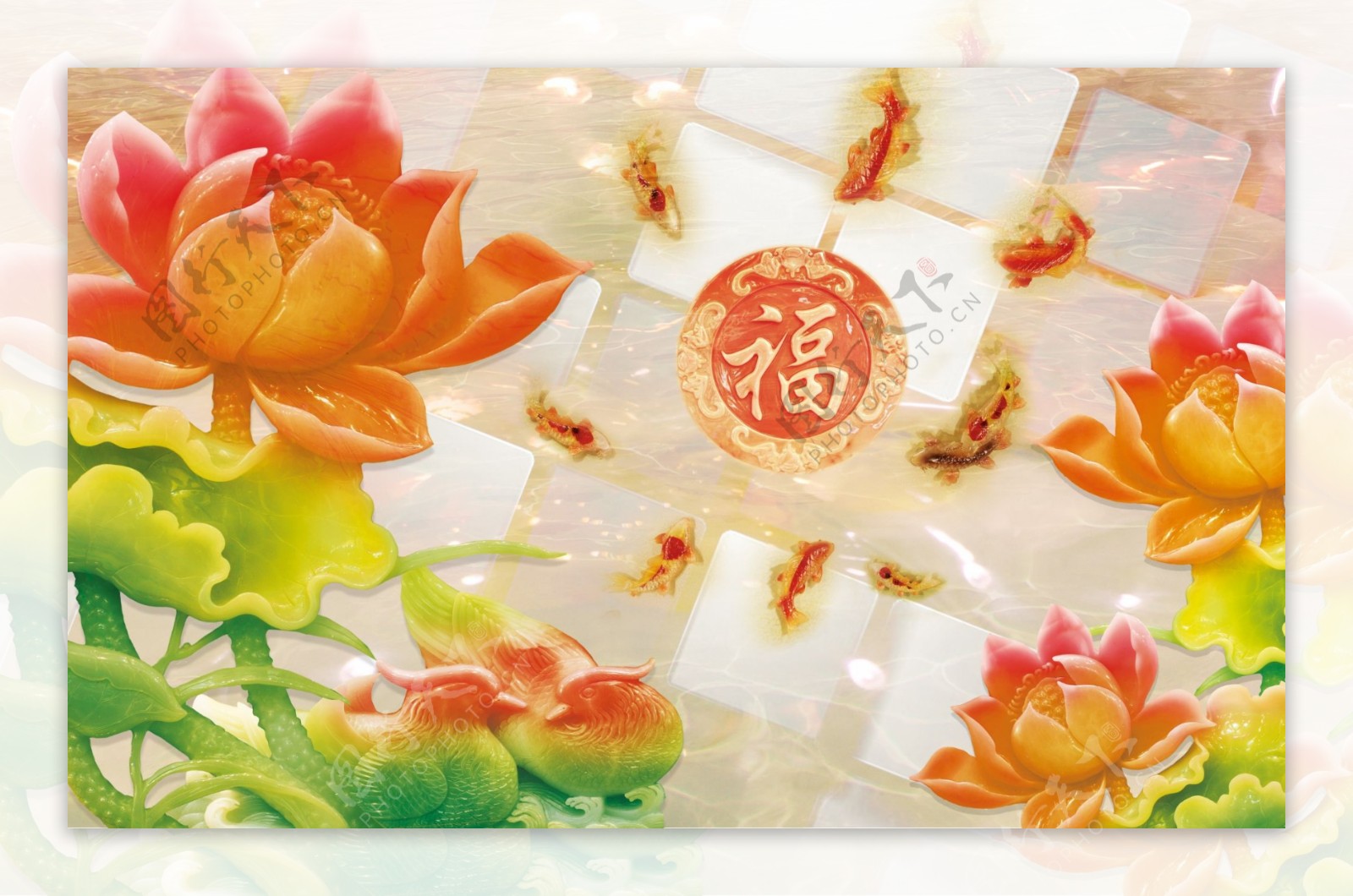 中国风玉雕花卉电视背景墙设计素材