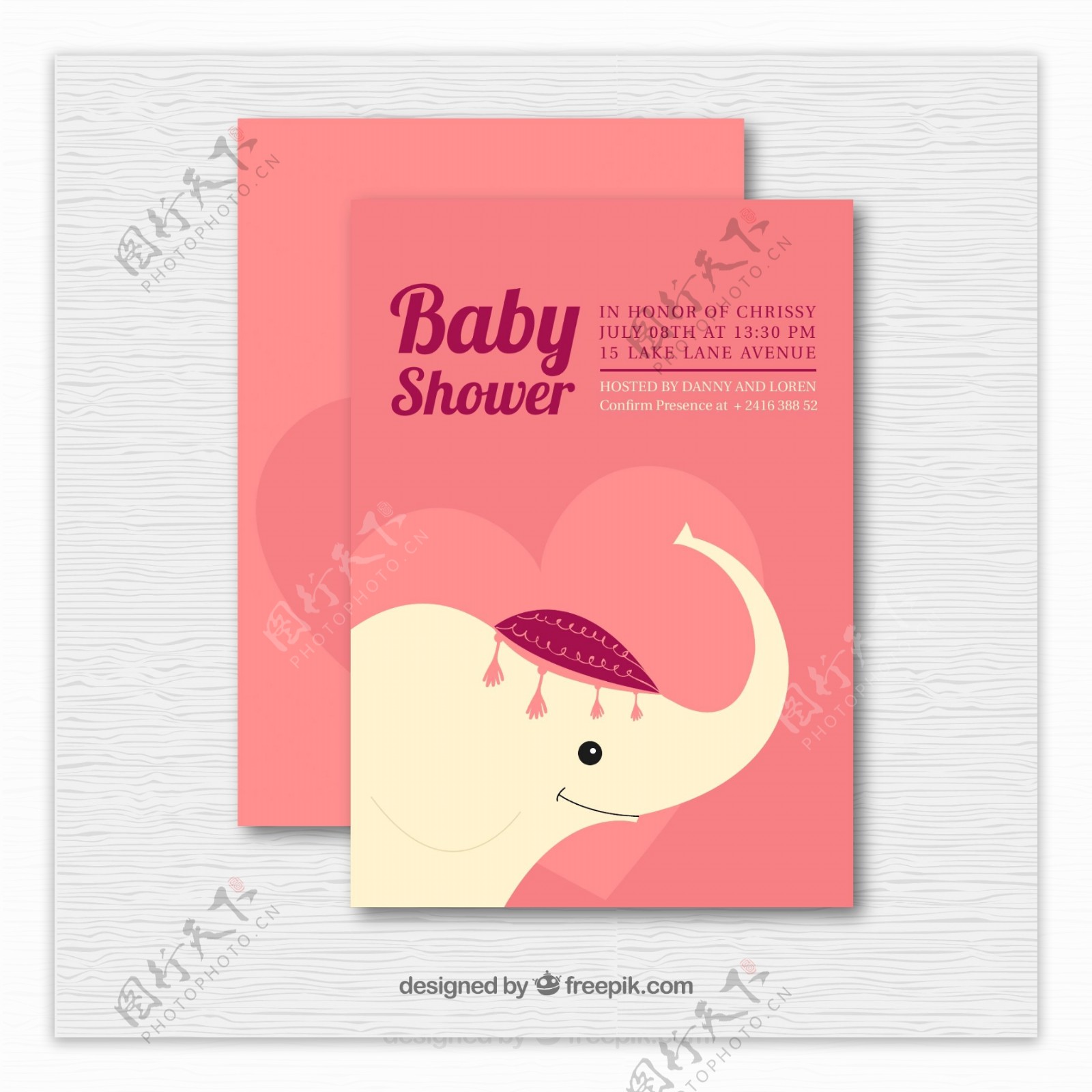 粉色大象迎婴派对邀请卡
