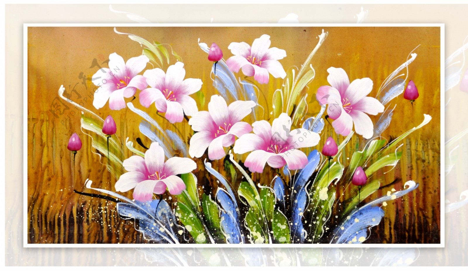 油画花卉复古背景粉红花朵背景墙