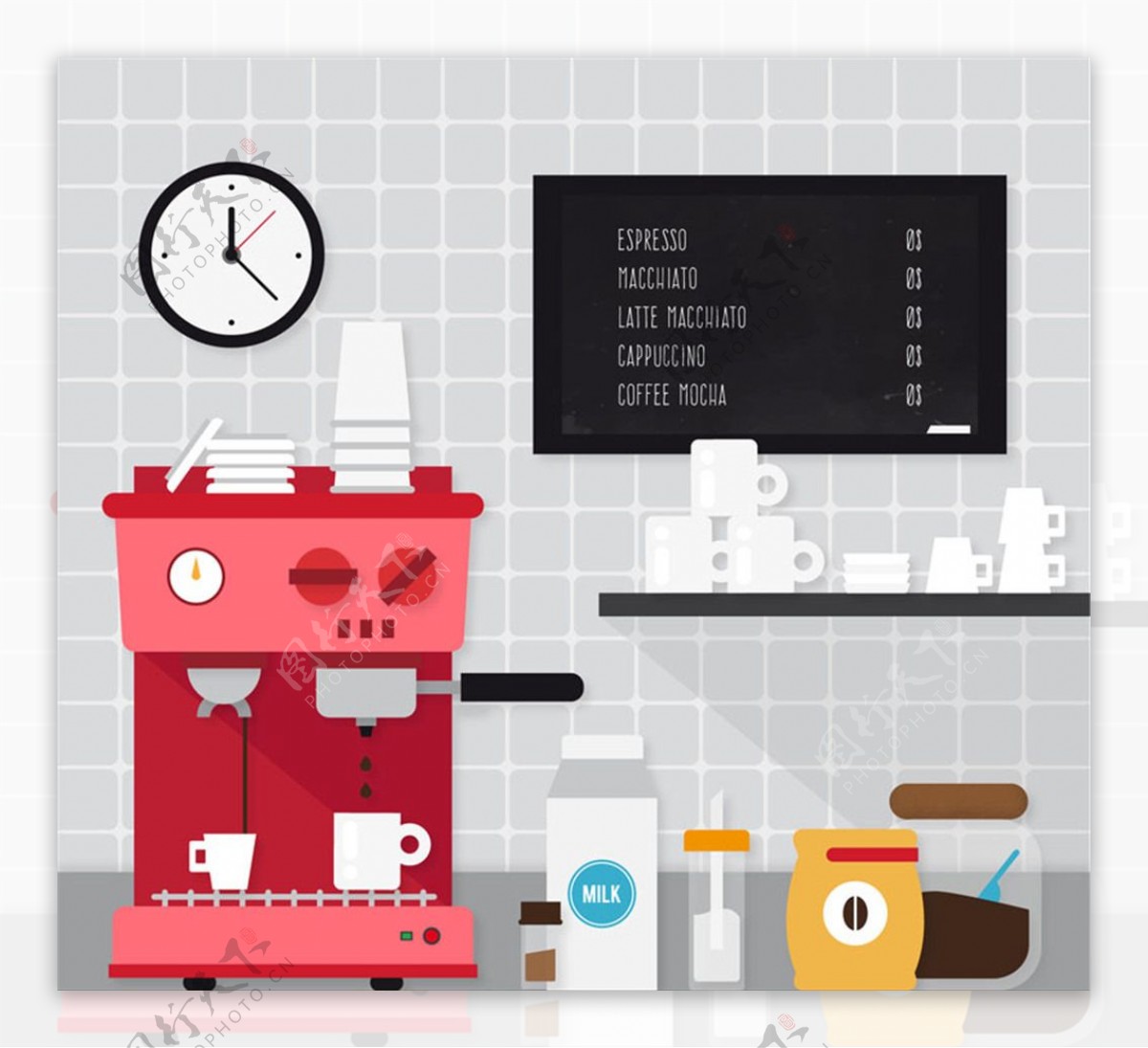 厨房咖啡机和杯具矢量图