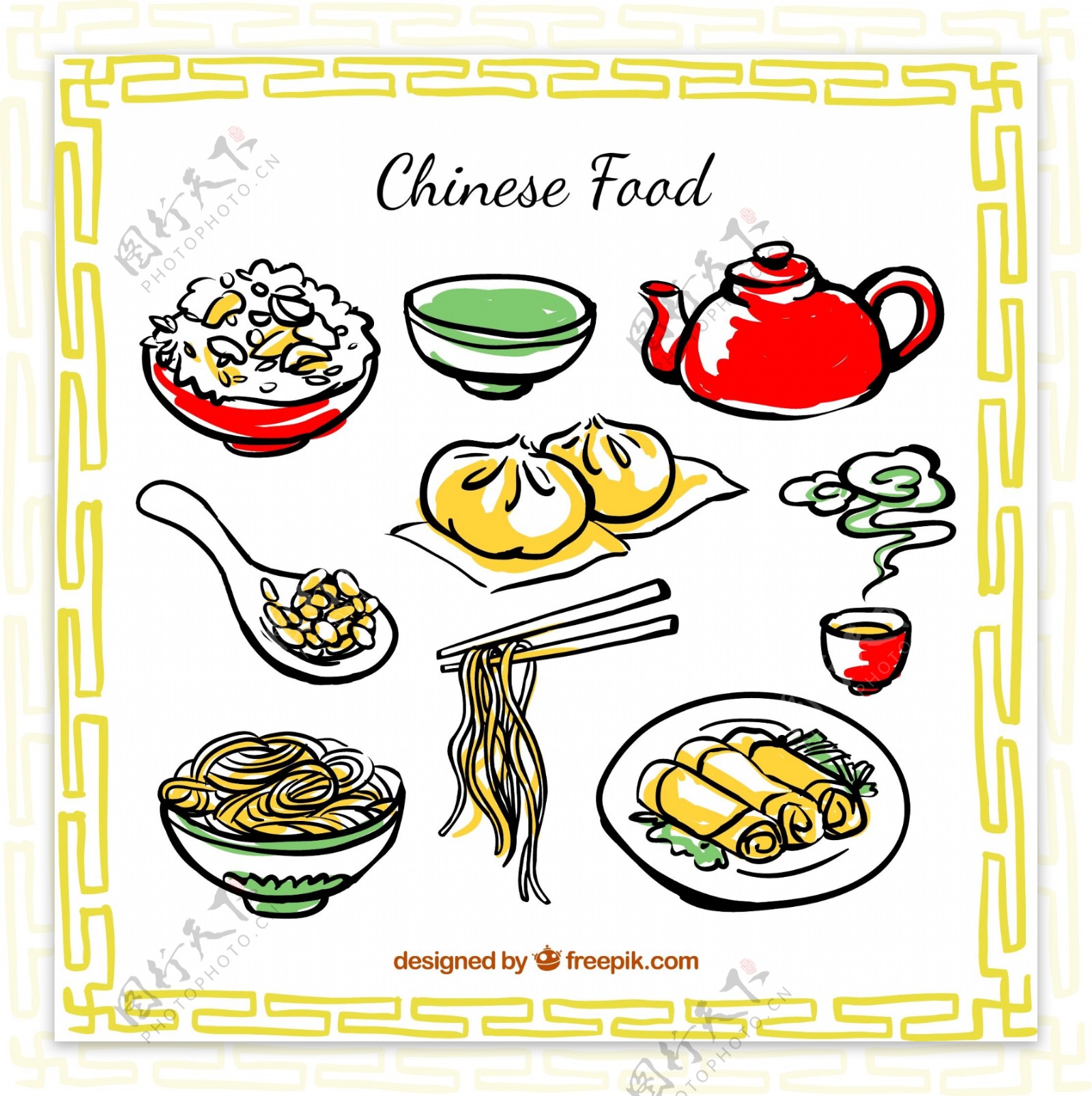 彩绘中国食物矢量素材