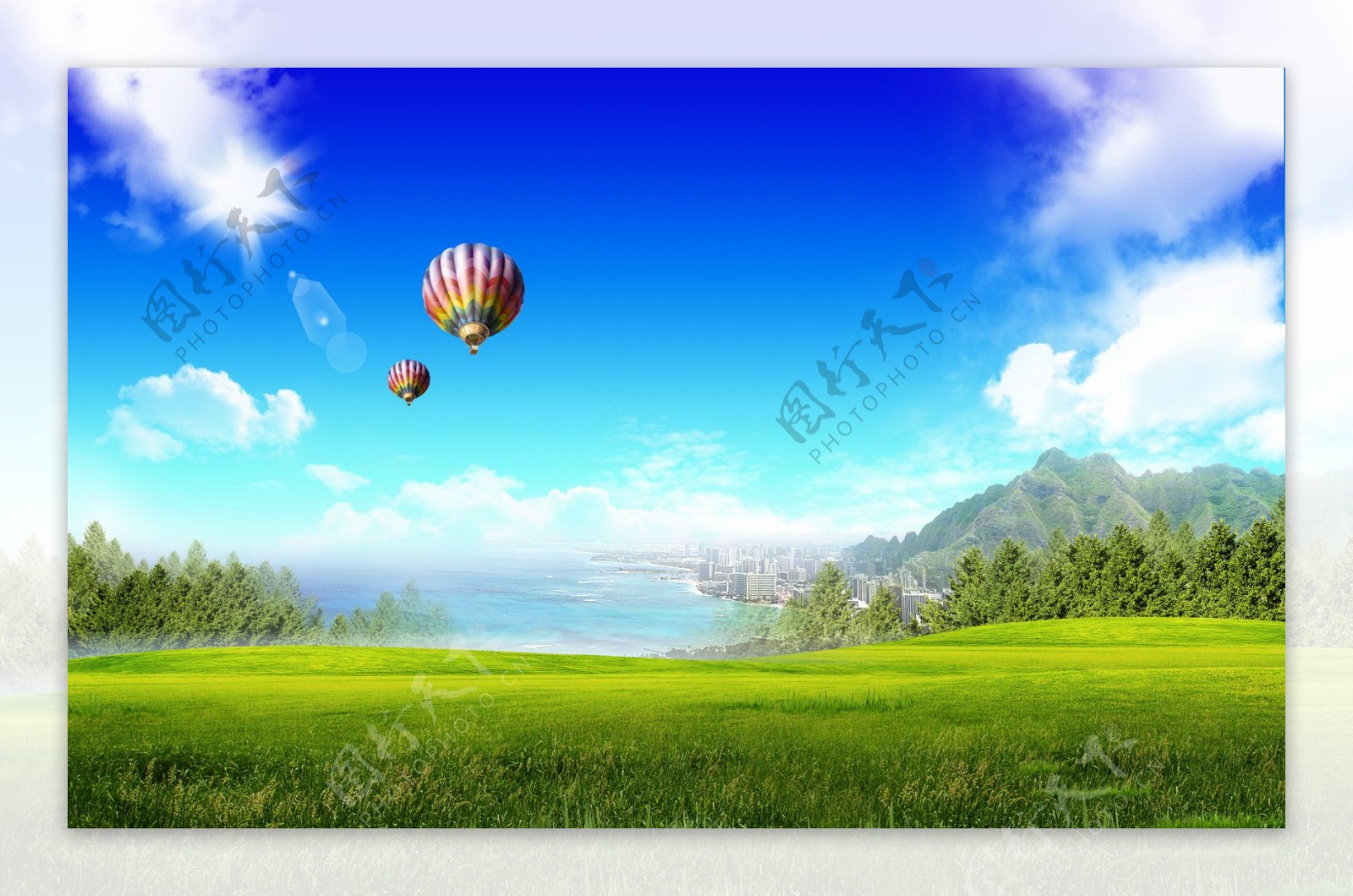 蓝天下的热气球风景图片