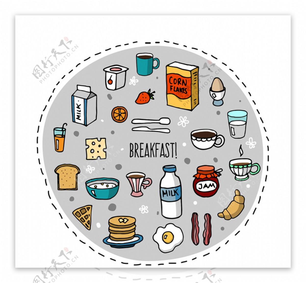 彩绘早餐食物矢量素材
