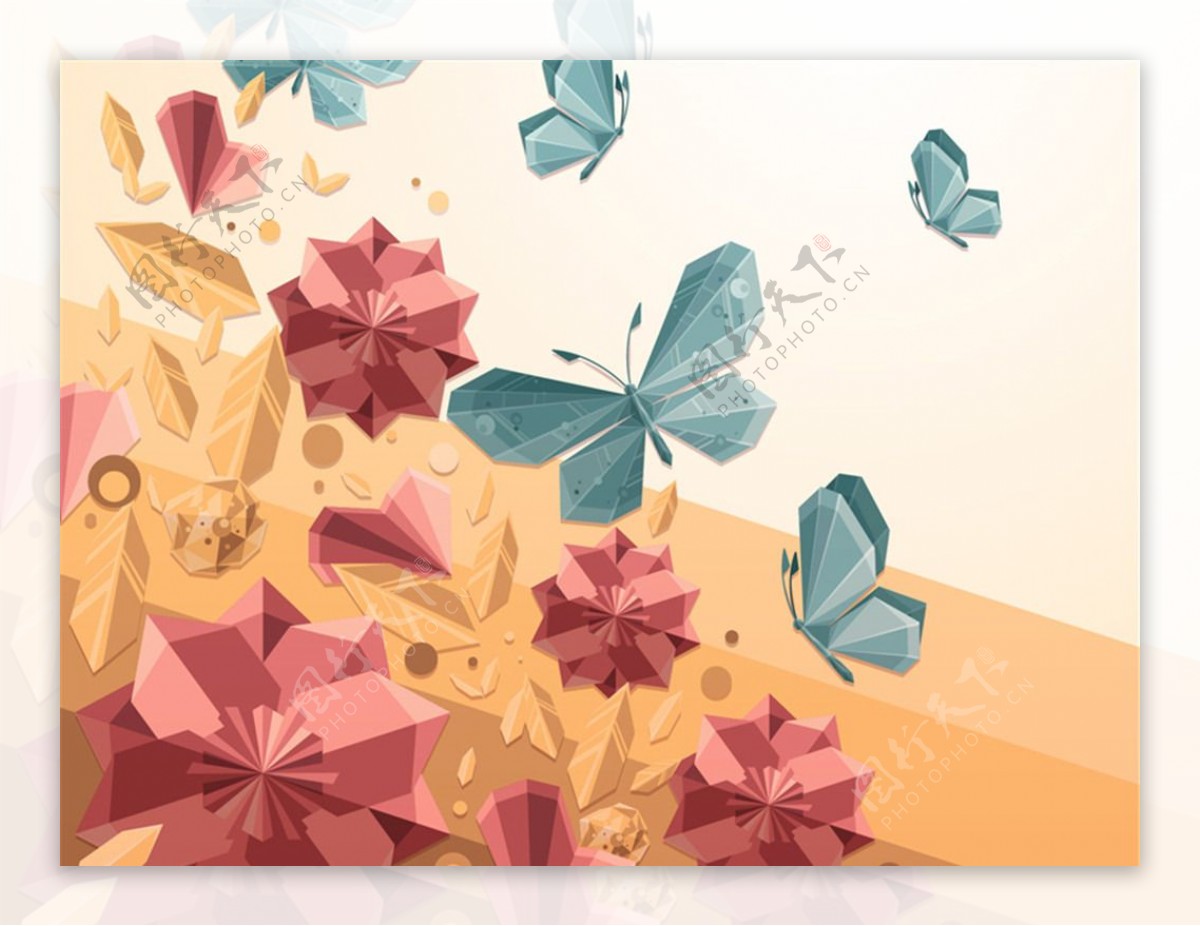 水晶蝴蝶和花丛矢量素材