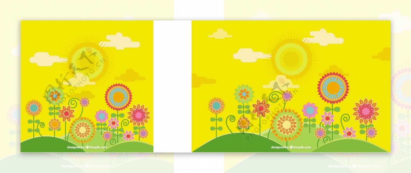 黄色的春天背景与花卉在平面设计