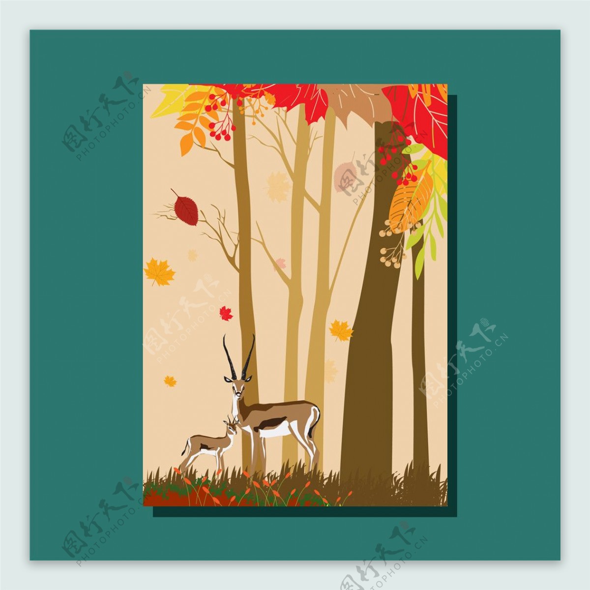 秋季森林驯鹿插画
