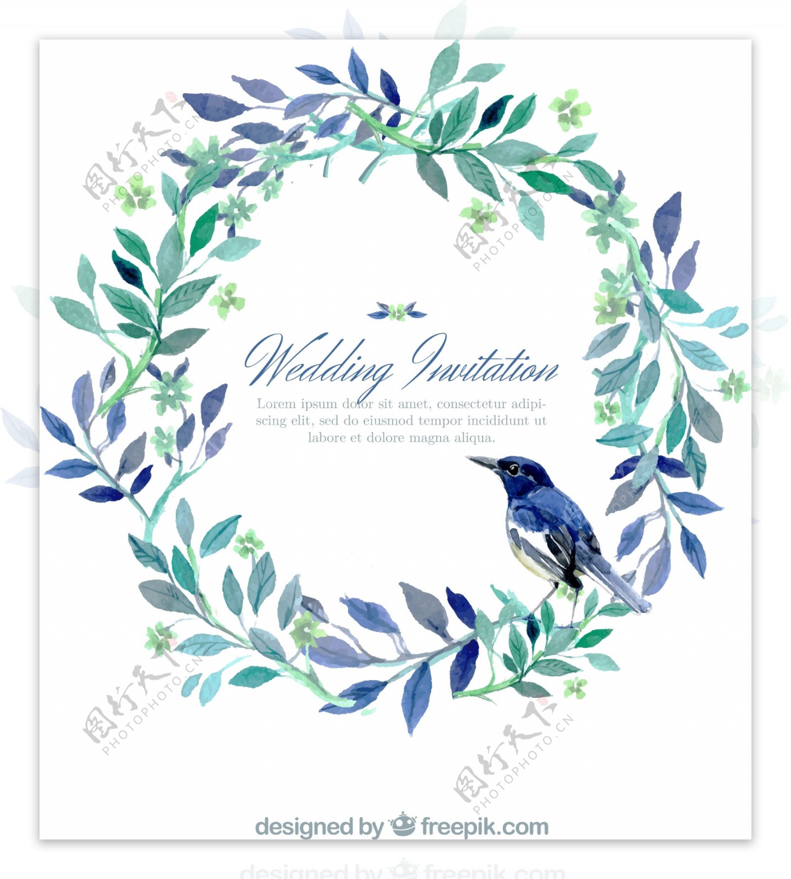 水彩花环和鸟婚礼邀请卡图片