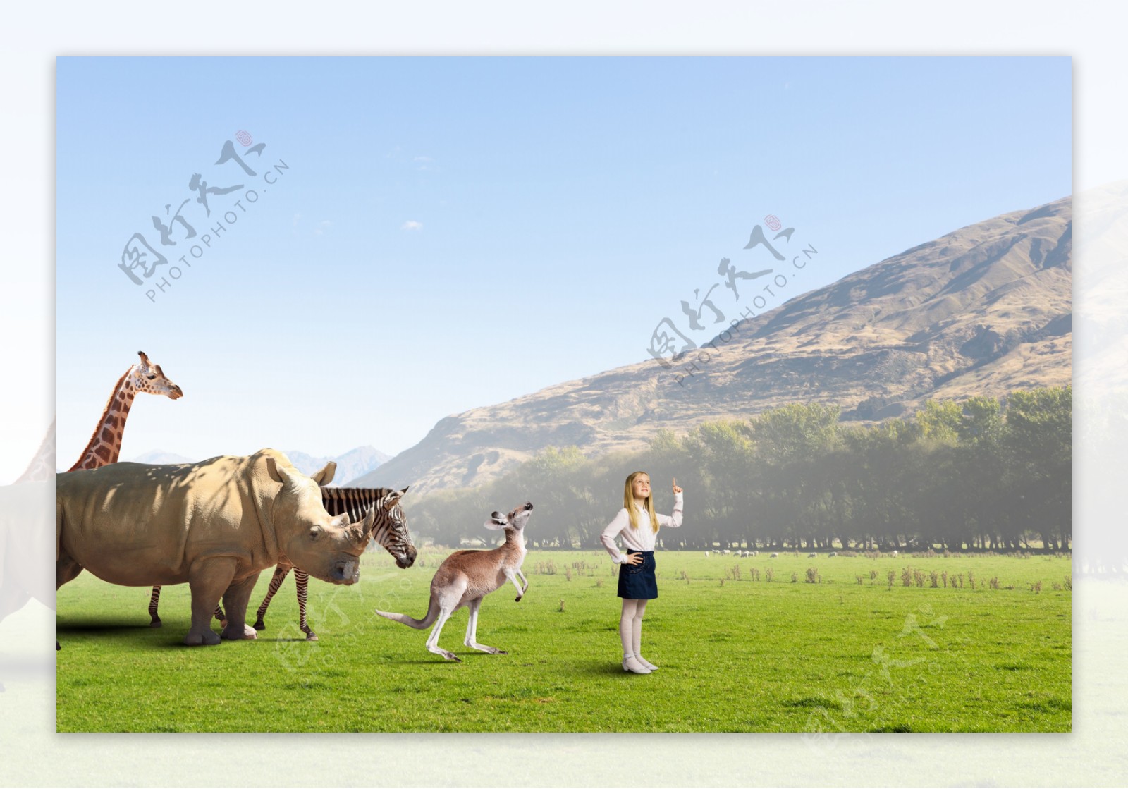 草原动物与小女孩高清图片