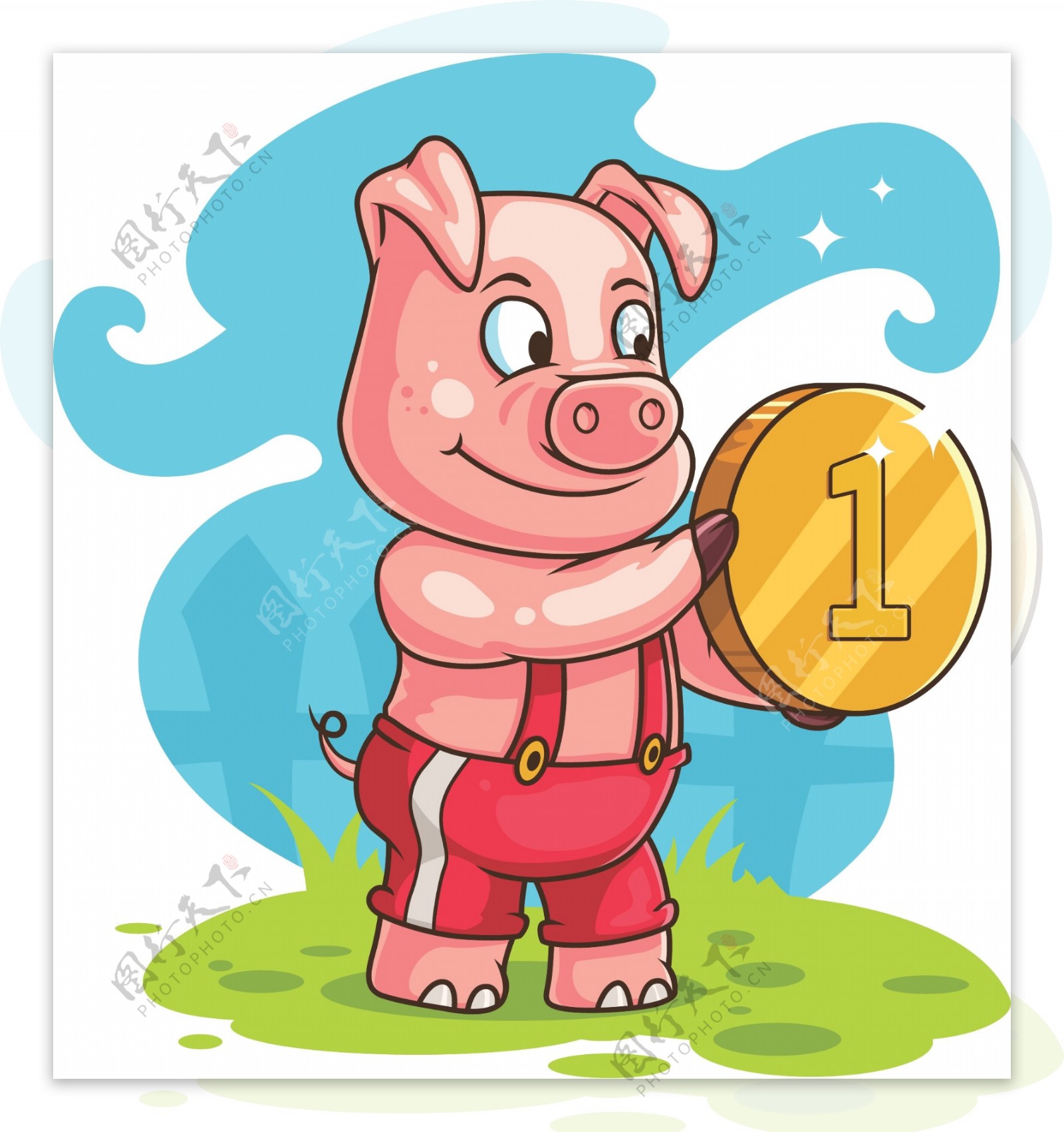 卡通拿金币的猪