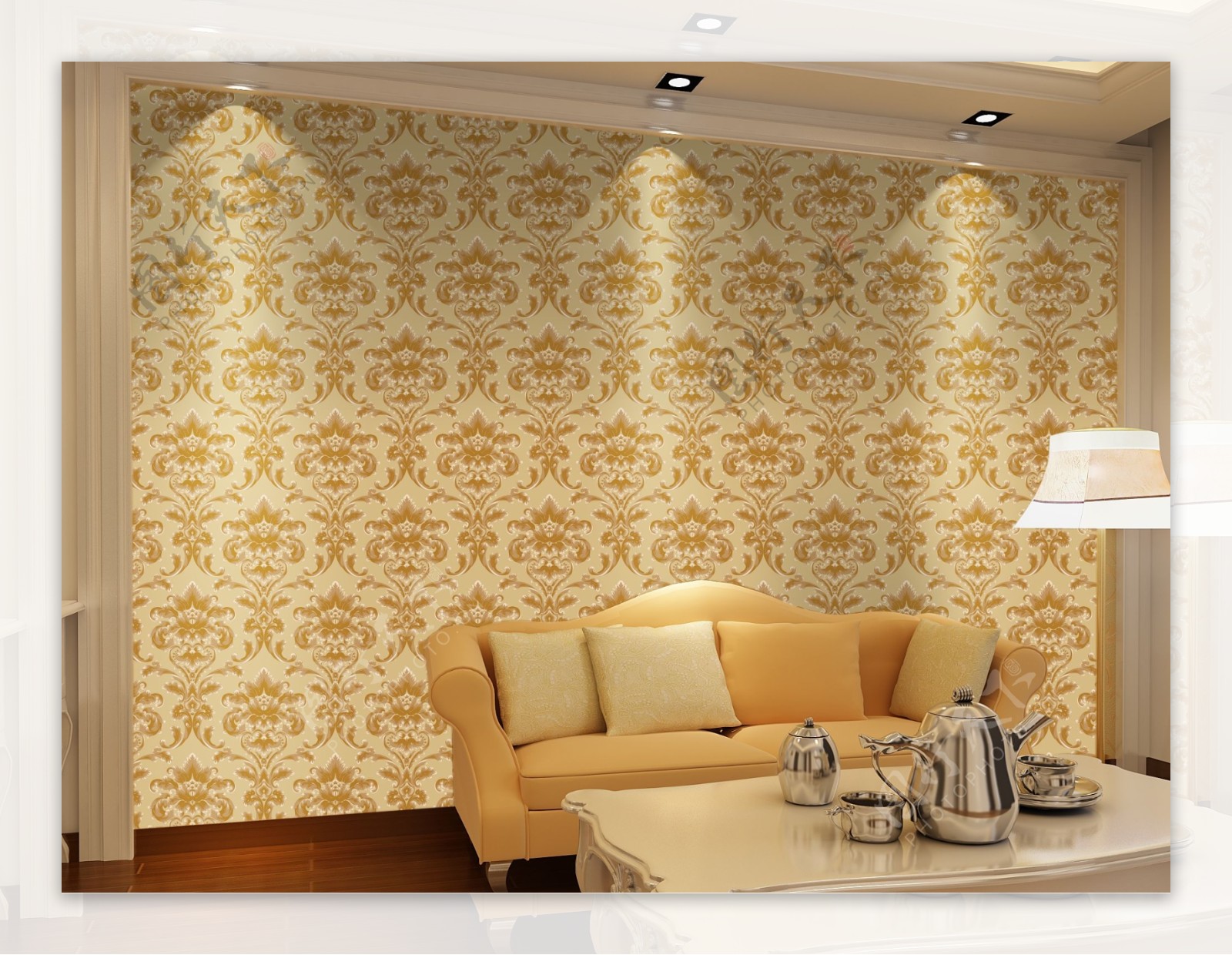 室内客厅金色墙纸效果图