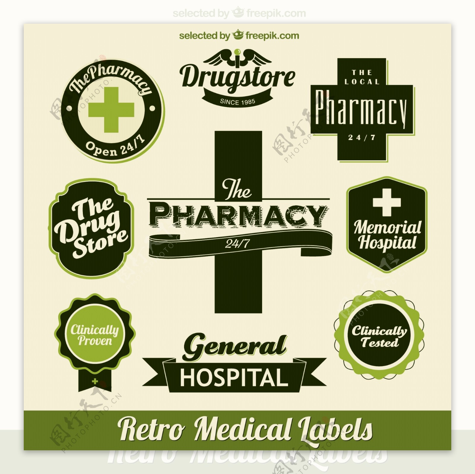 复古绿色医疗标签矢量图图片