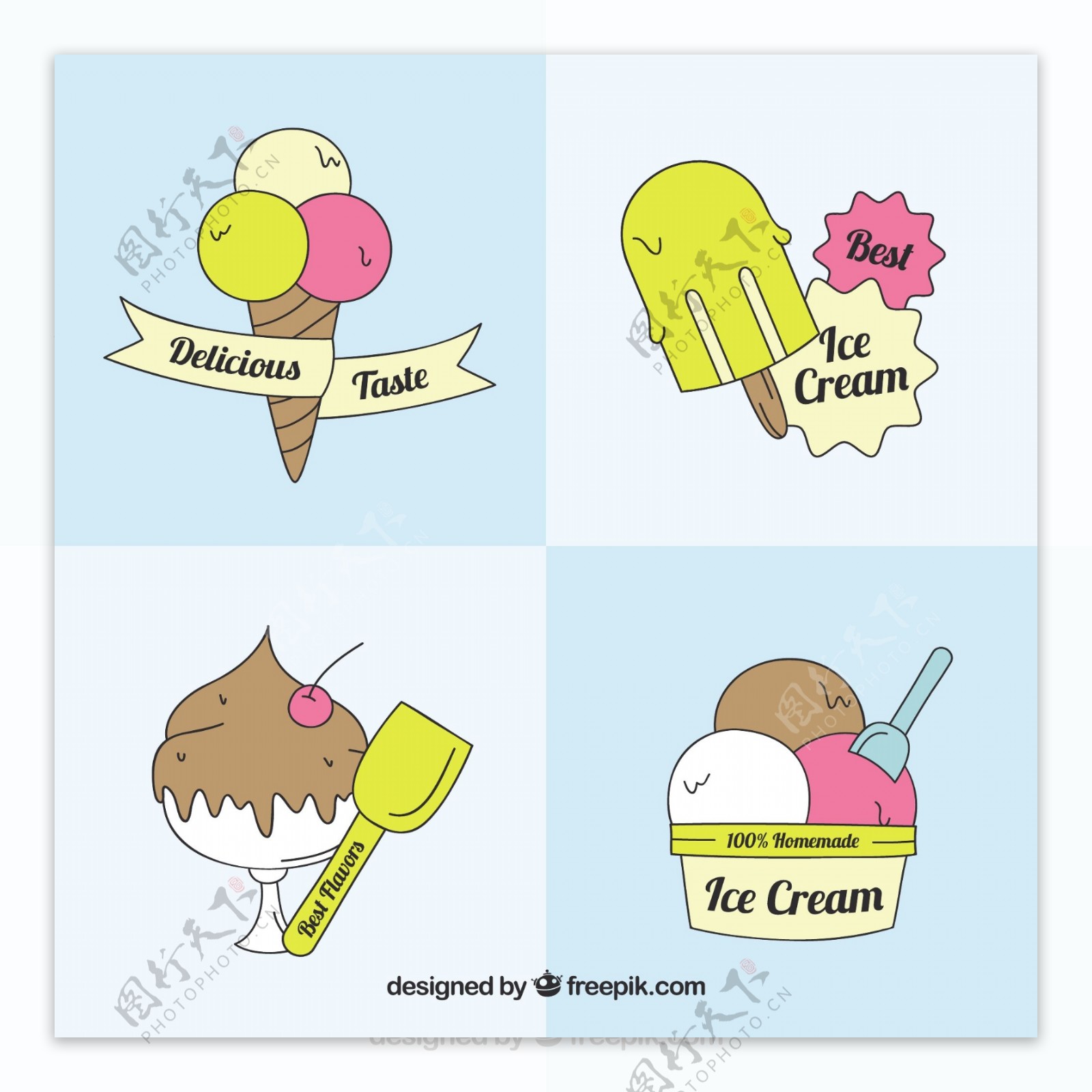 四个美味的冰淇淋插图装饰标签图标