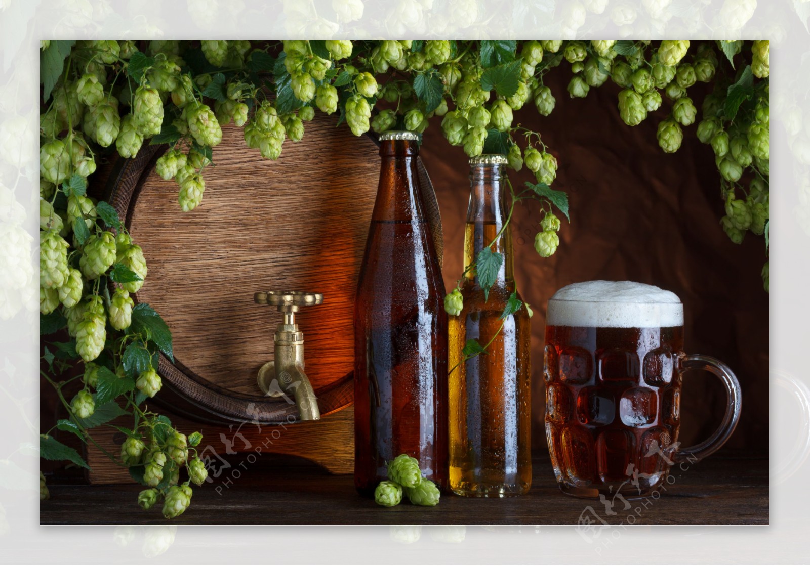 啤酒桶与啤酒花和啤酒图片