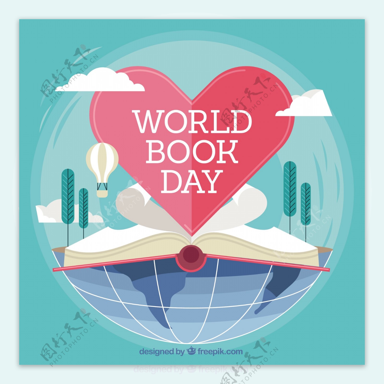 世界图书日的背景与开放的书和心脏