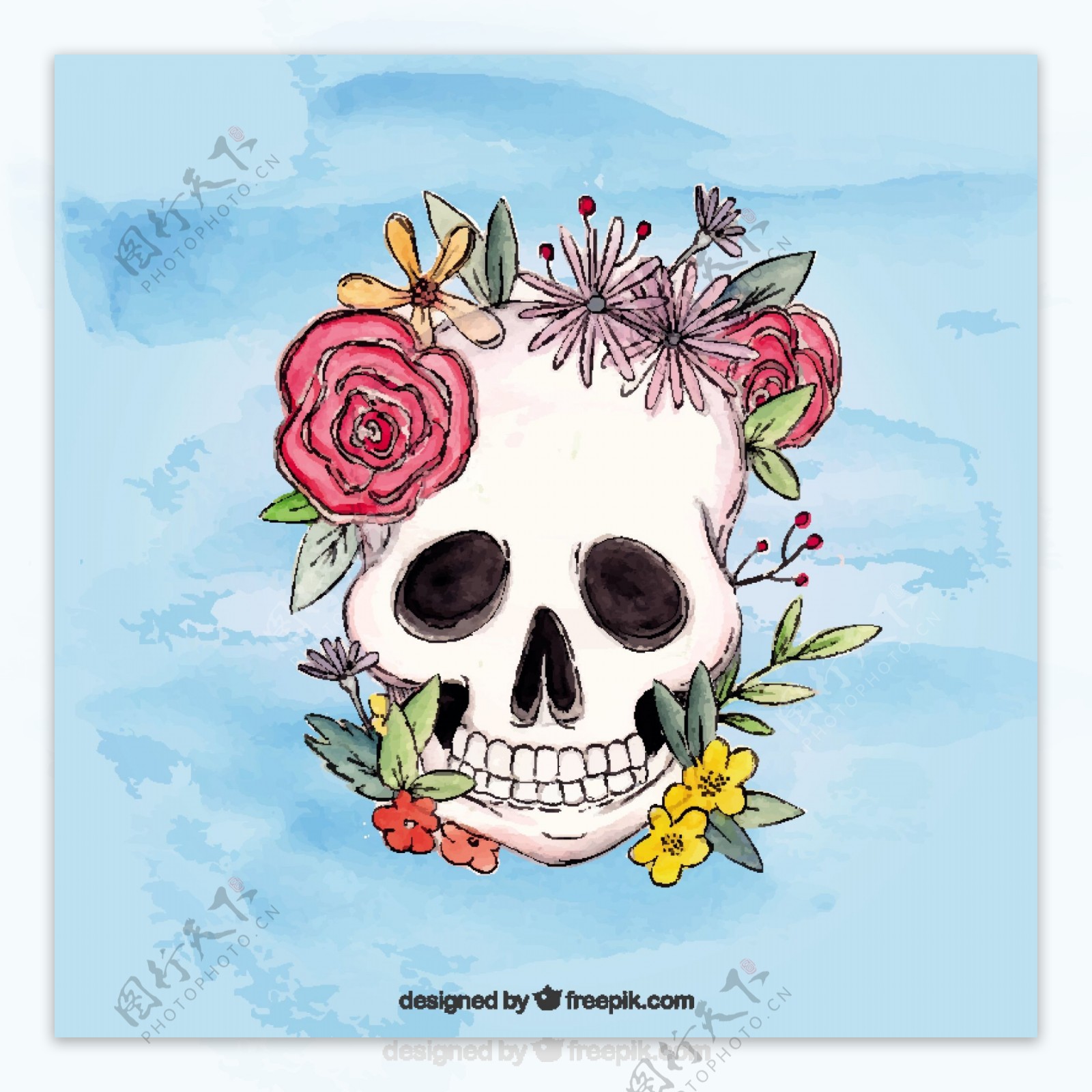 水彩画的头骨背景与花卉