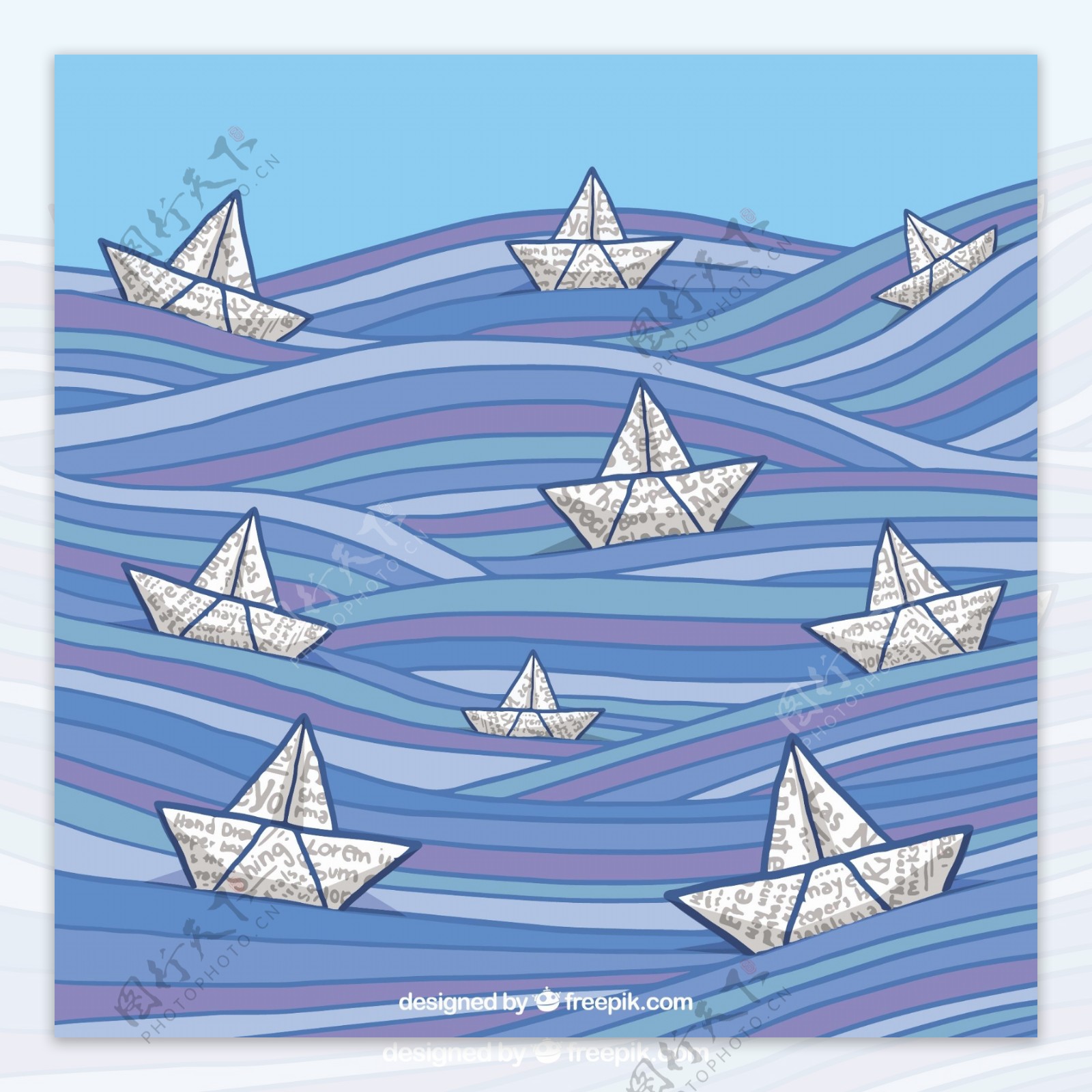手绘彩色波浪纸船背景