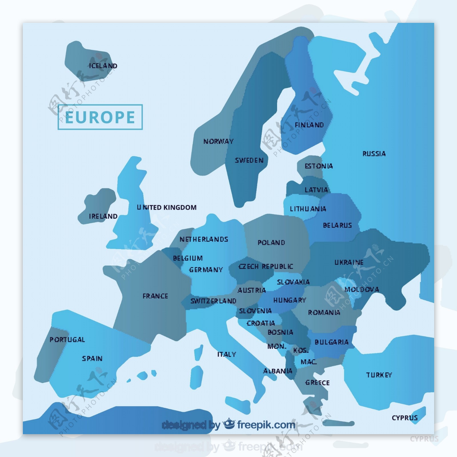 蓝色调欧洲地图矢量素材