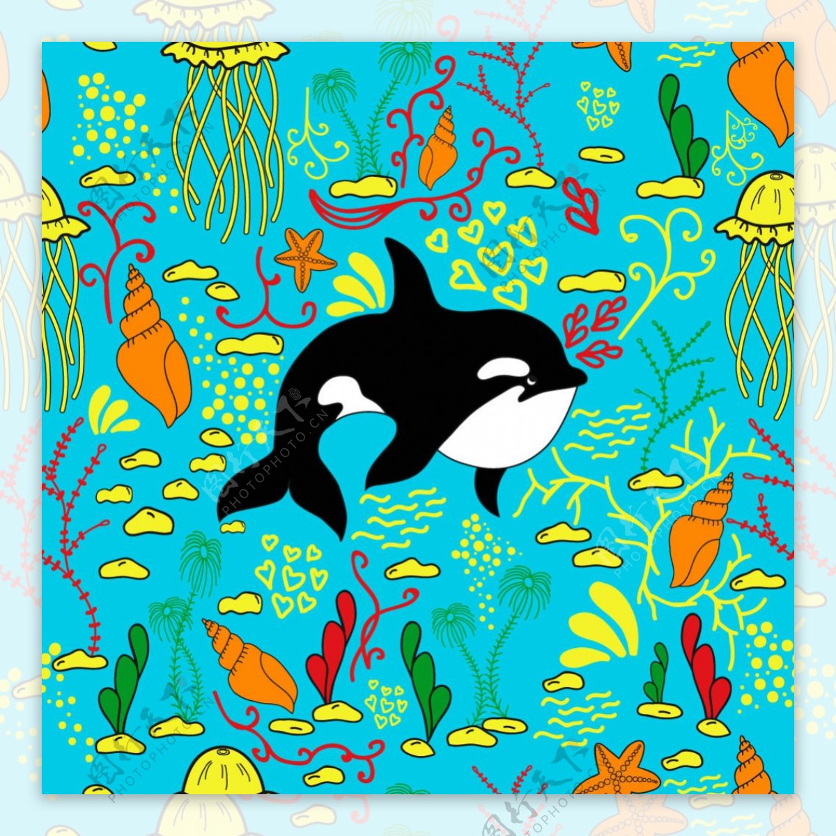 海豚与海螺无缝花纹矢量图案