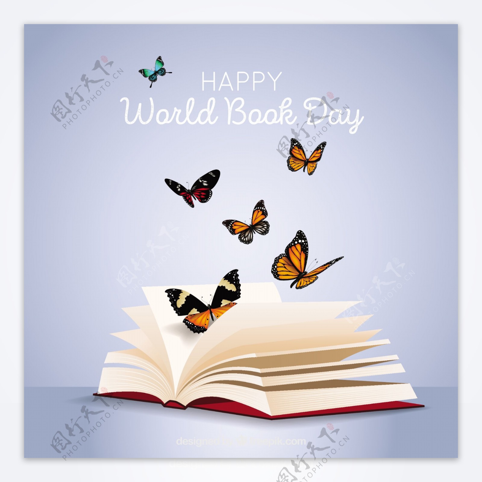 世界图书日背景与蝴蝶的写实风格