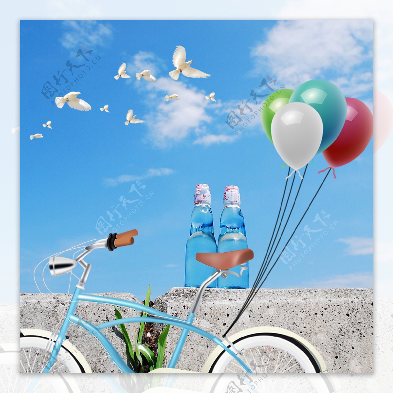 蓝天白云鸽子自行车气球素材