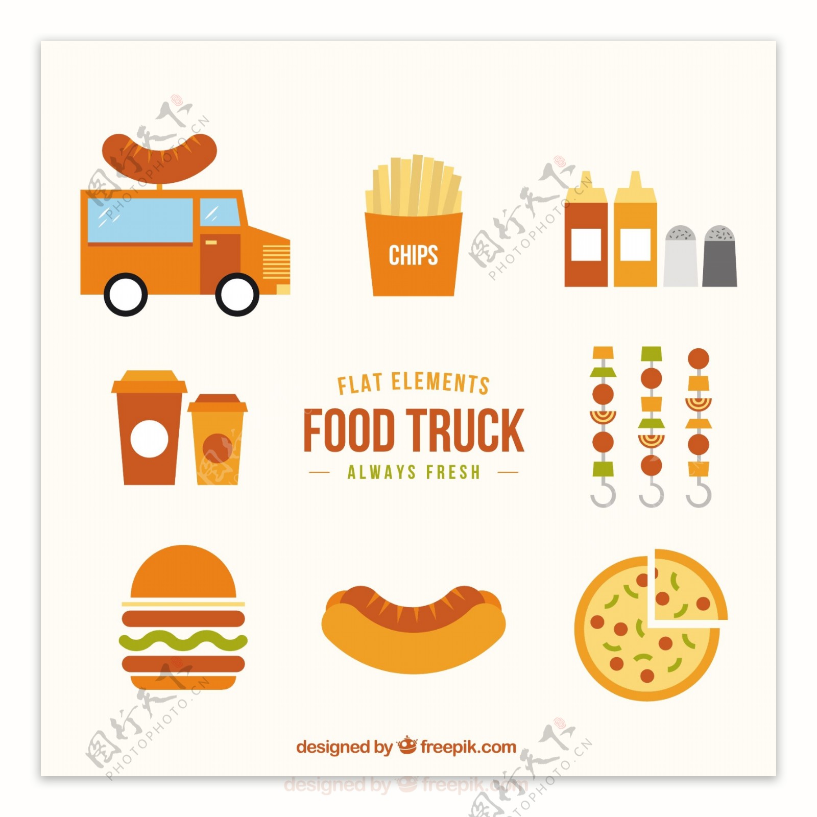 食品卡车的平面元素