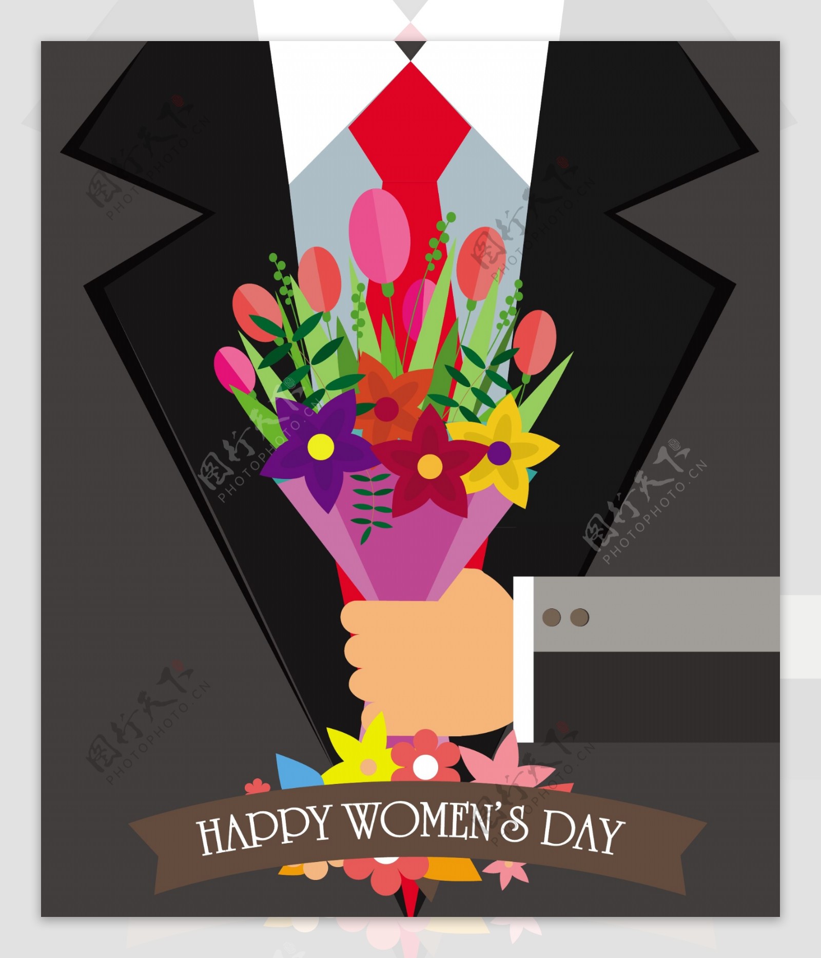 女人一天旗帜与先生们拿着花束免费矢量插图