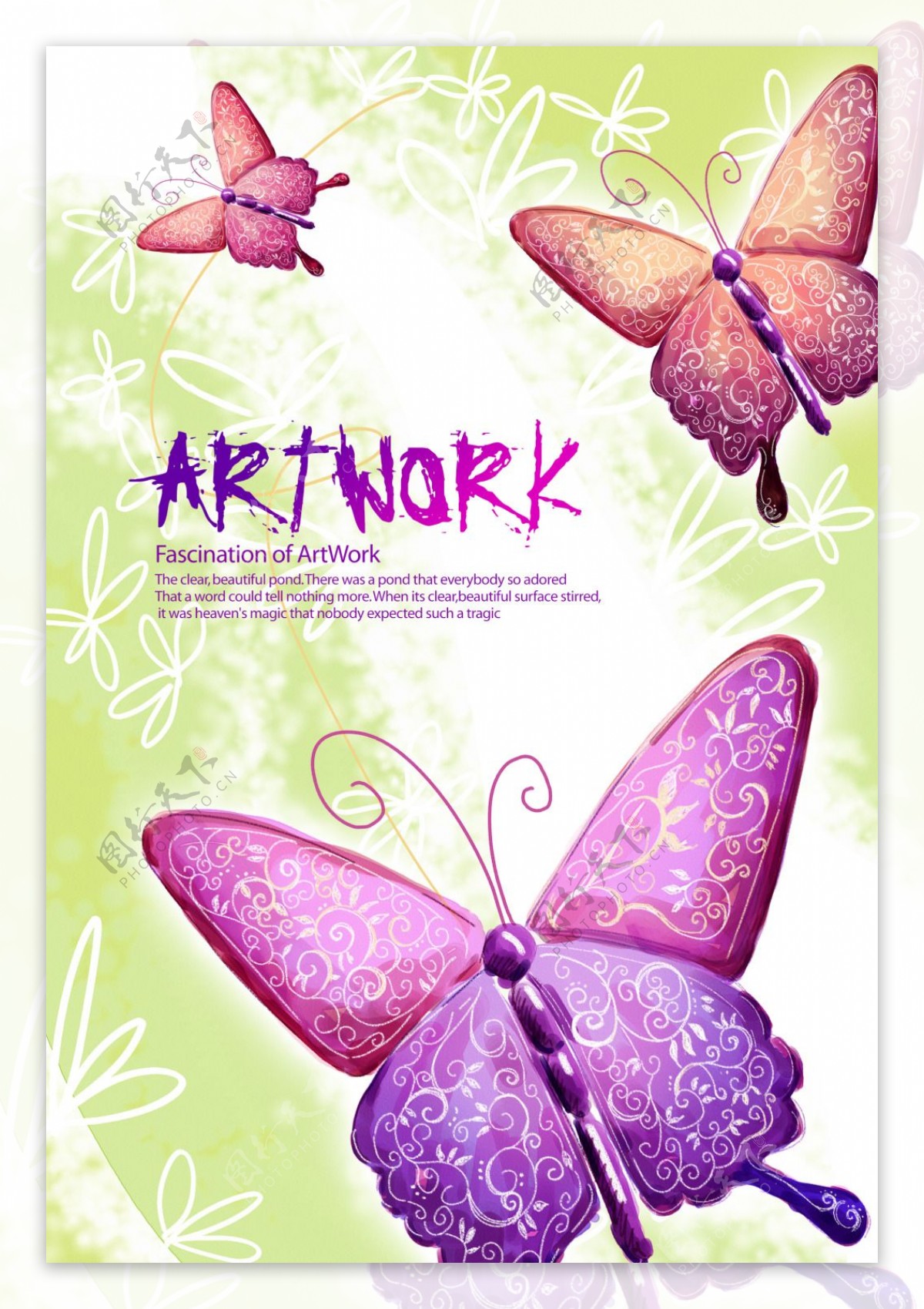 蝴蝶与手绘花朵图形等PSD分层素材