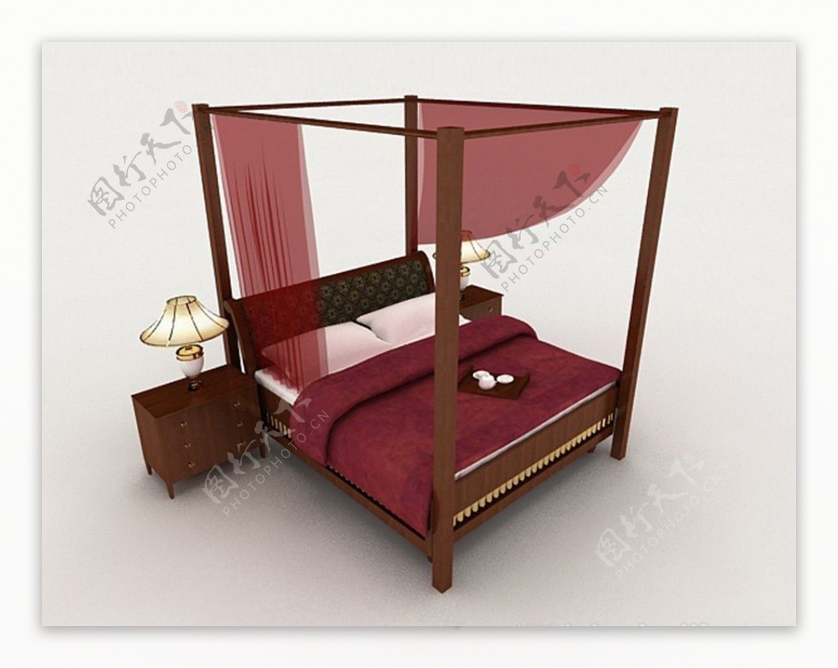 中式风格复古双人床3d模型下载