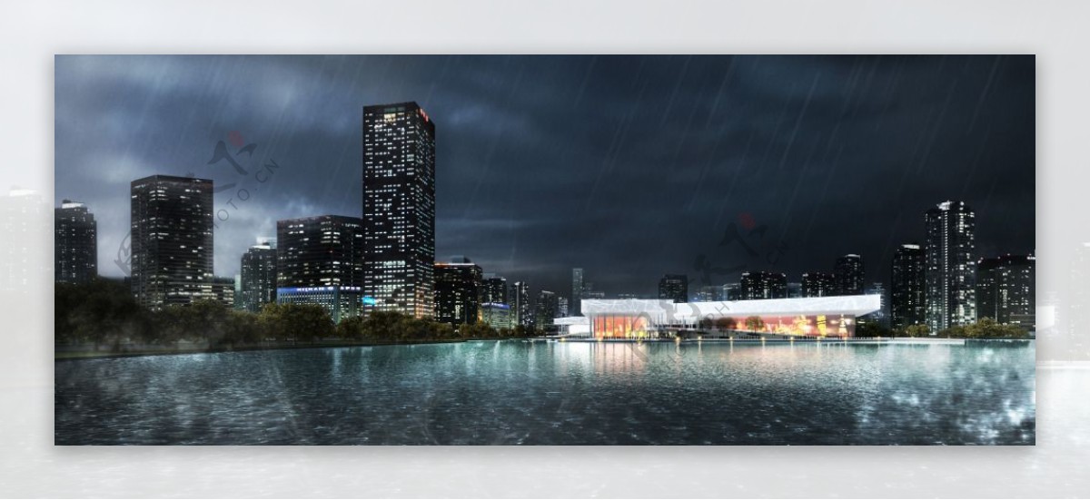 雨夜中的湖畔建筑景观PSD分层素材