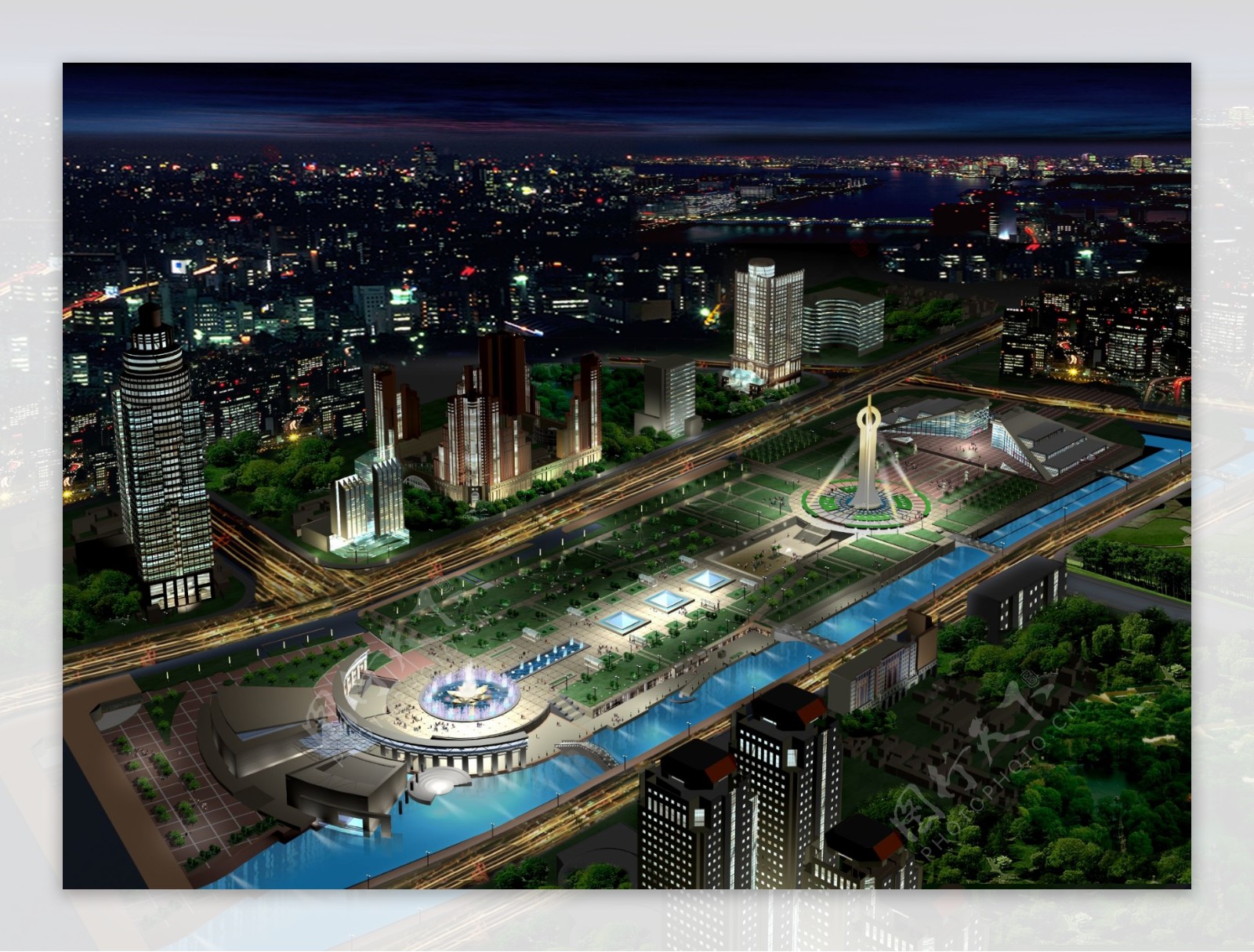 东莞水乡建筑夜景设计效果图分层素材