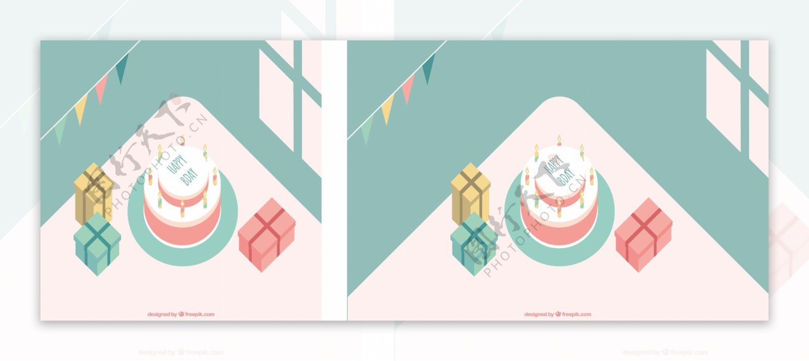 生日蛋糕背景和礼物的等距样式