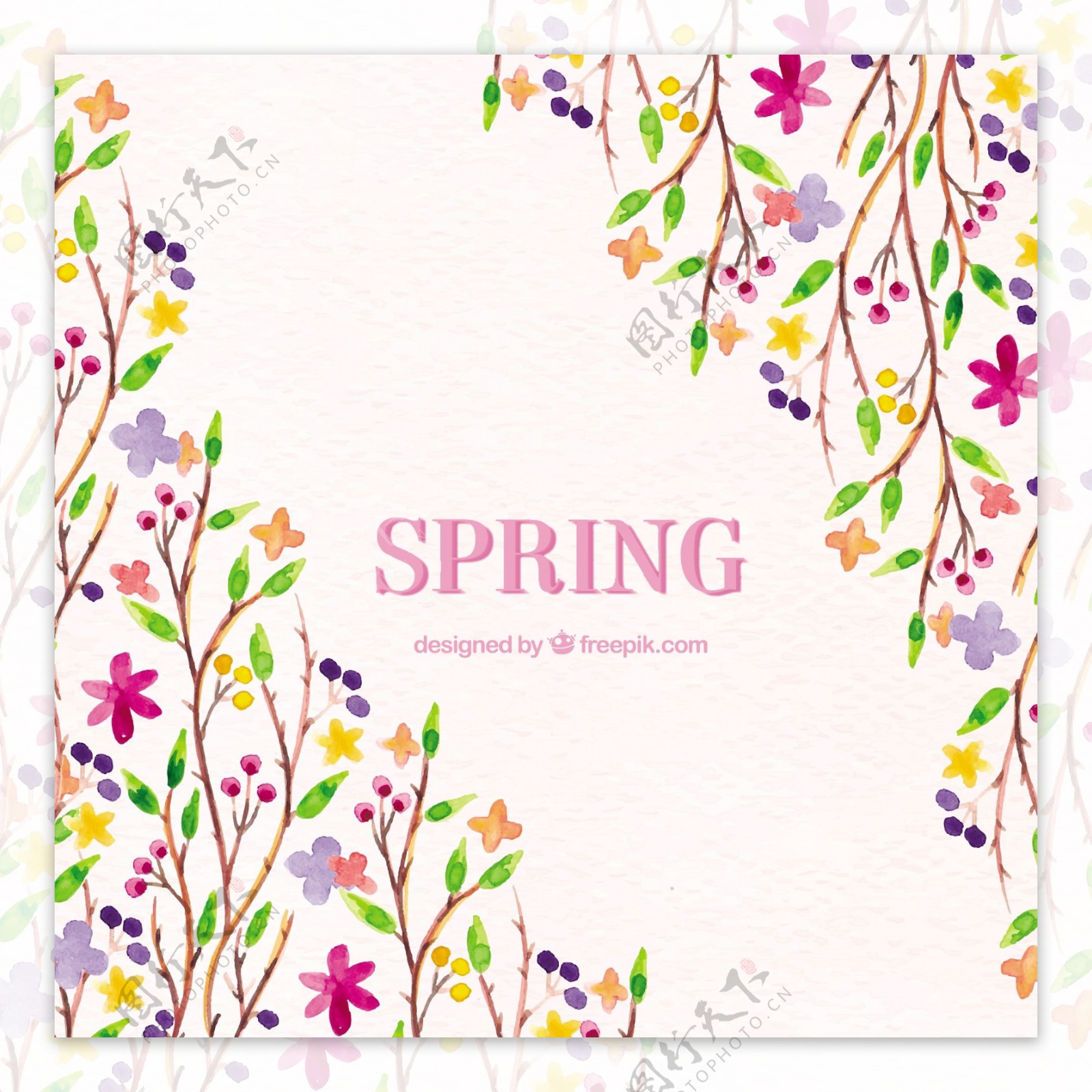 春天的背景与水彩花卉装饰