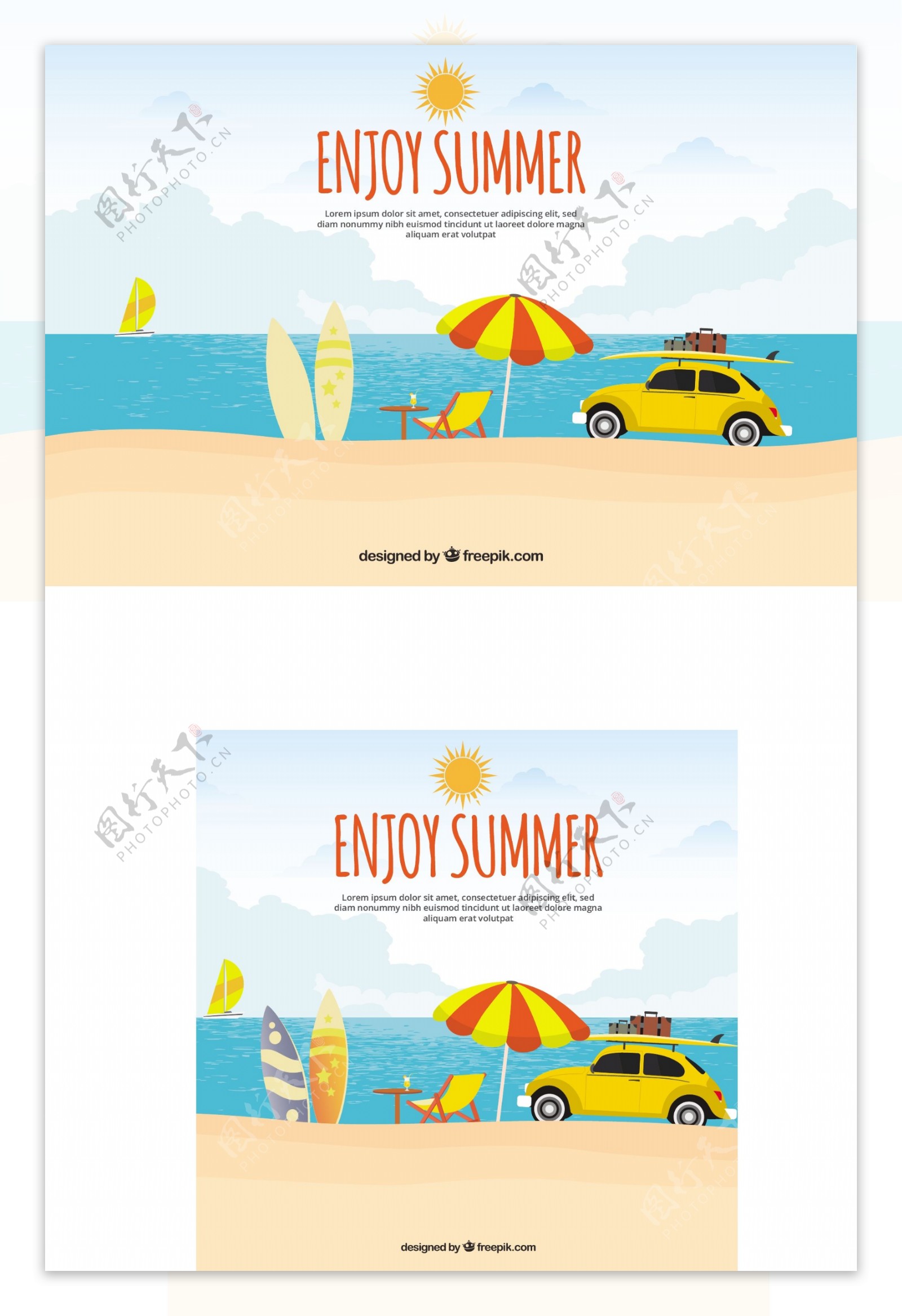 黄色汽车沙滩的夏季背景