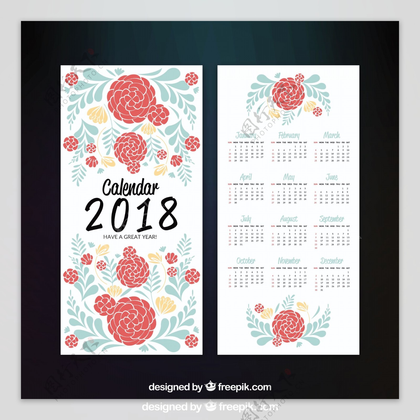 手绘花卉图案背景2018年日历模板