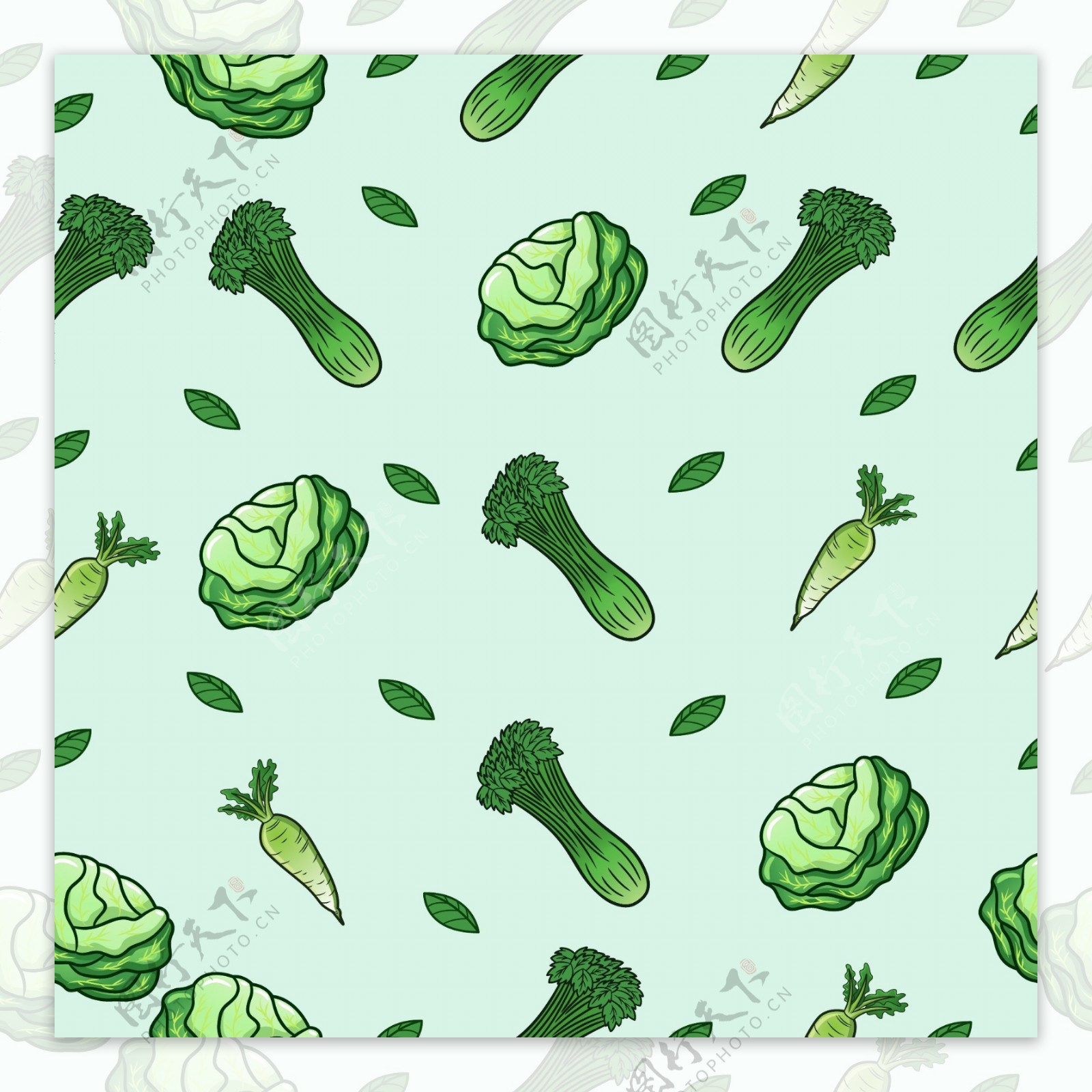 手绘各种绿色蔬菜装饰图案背景