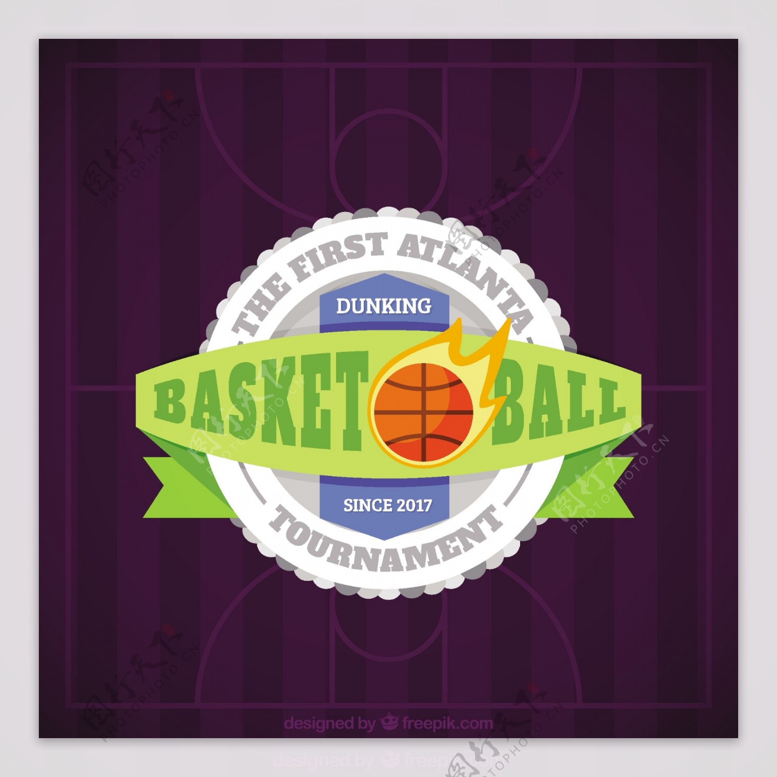紫色背景装饰篮球徽章