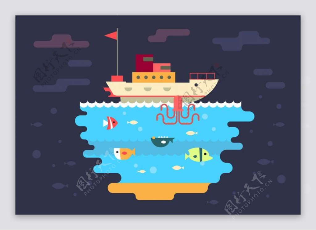 自由船和海底矢量插图