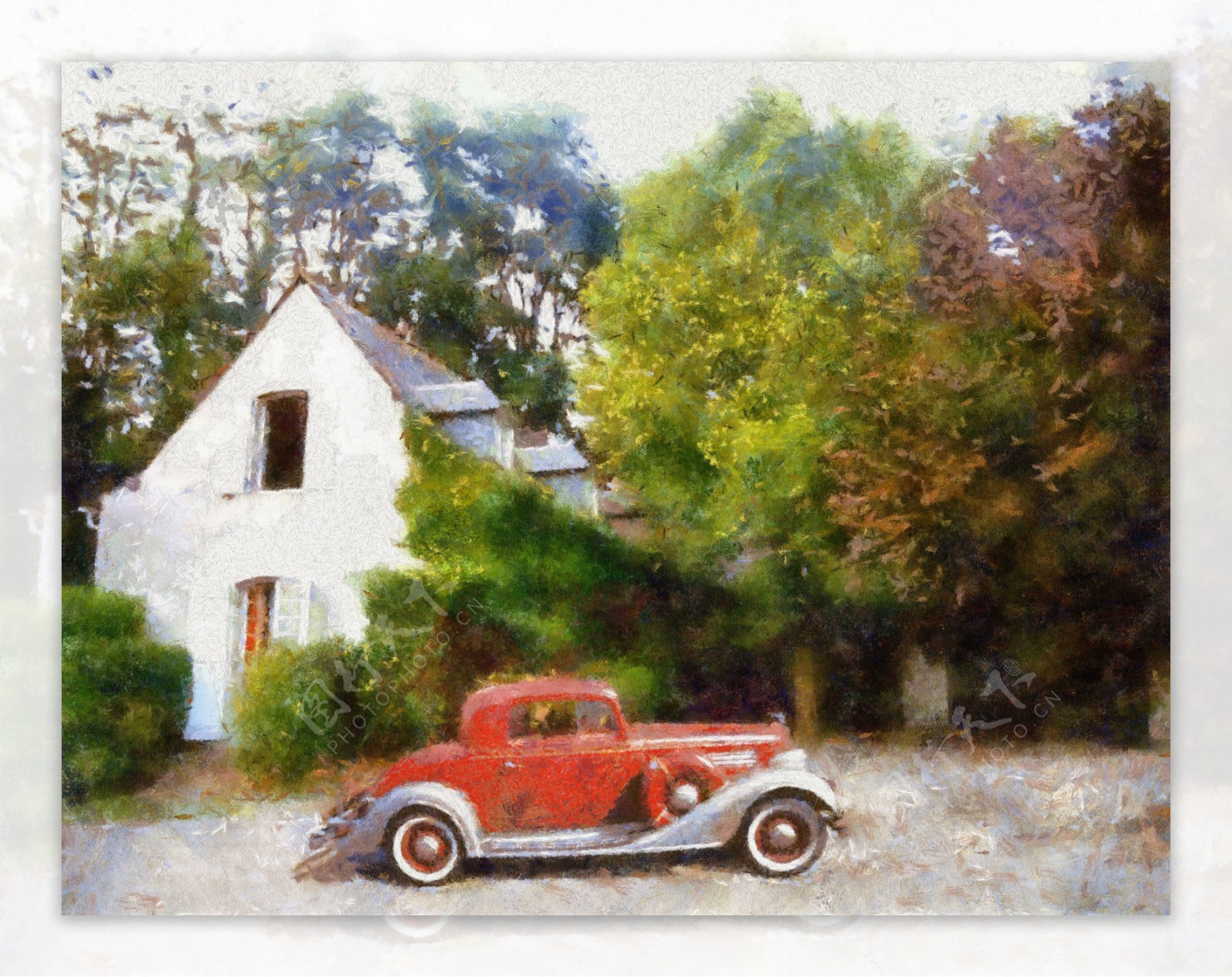 老式轿车油画图片