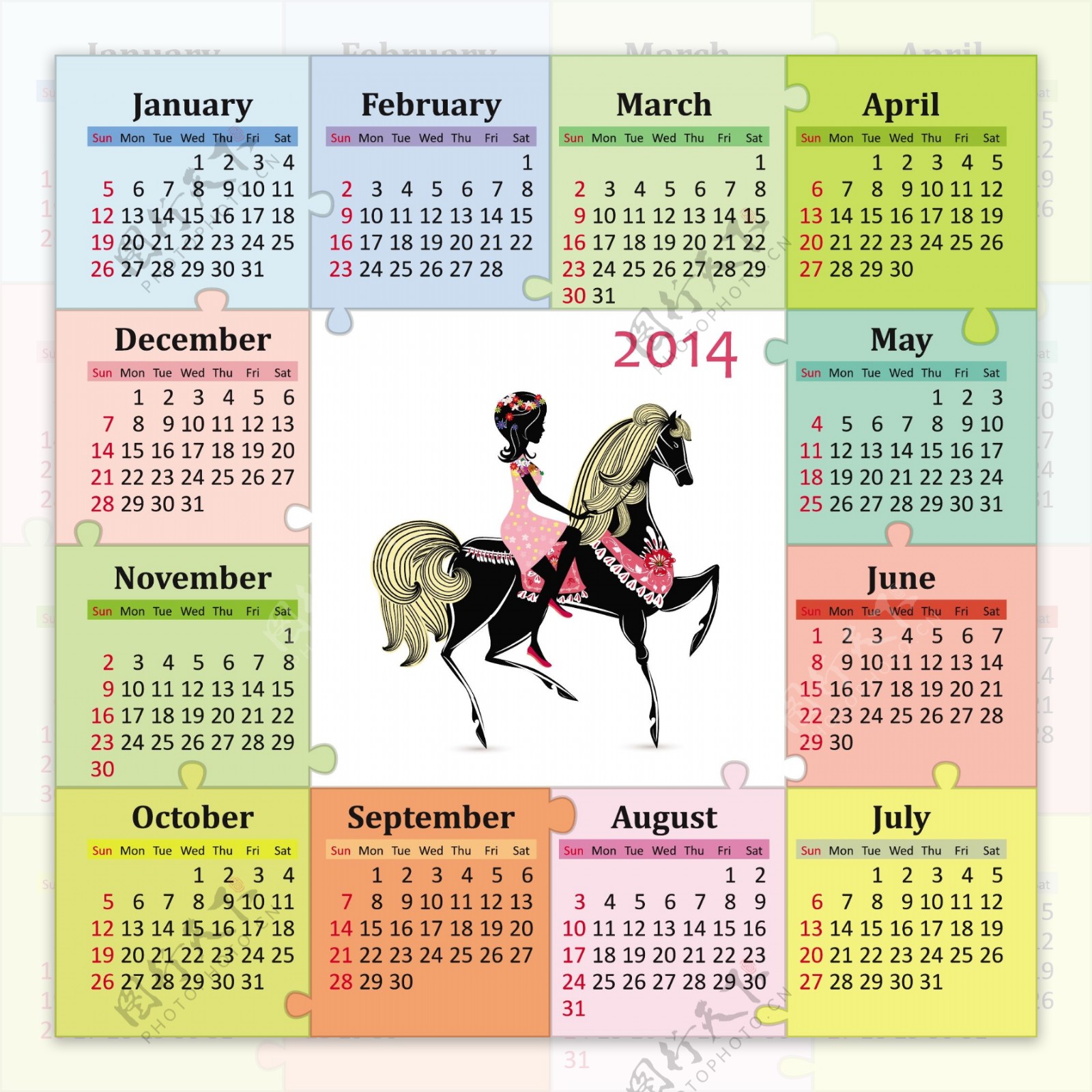 骑马女人日历模版