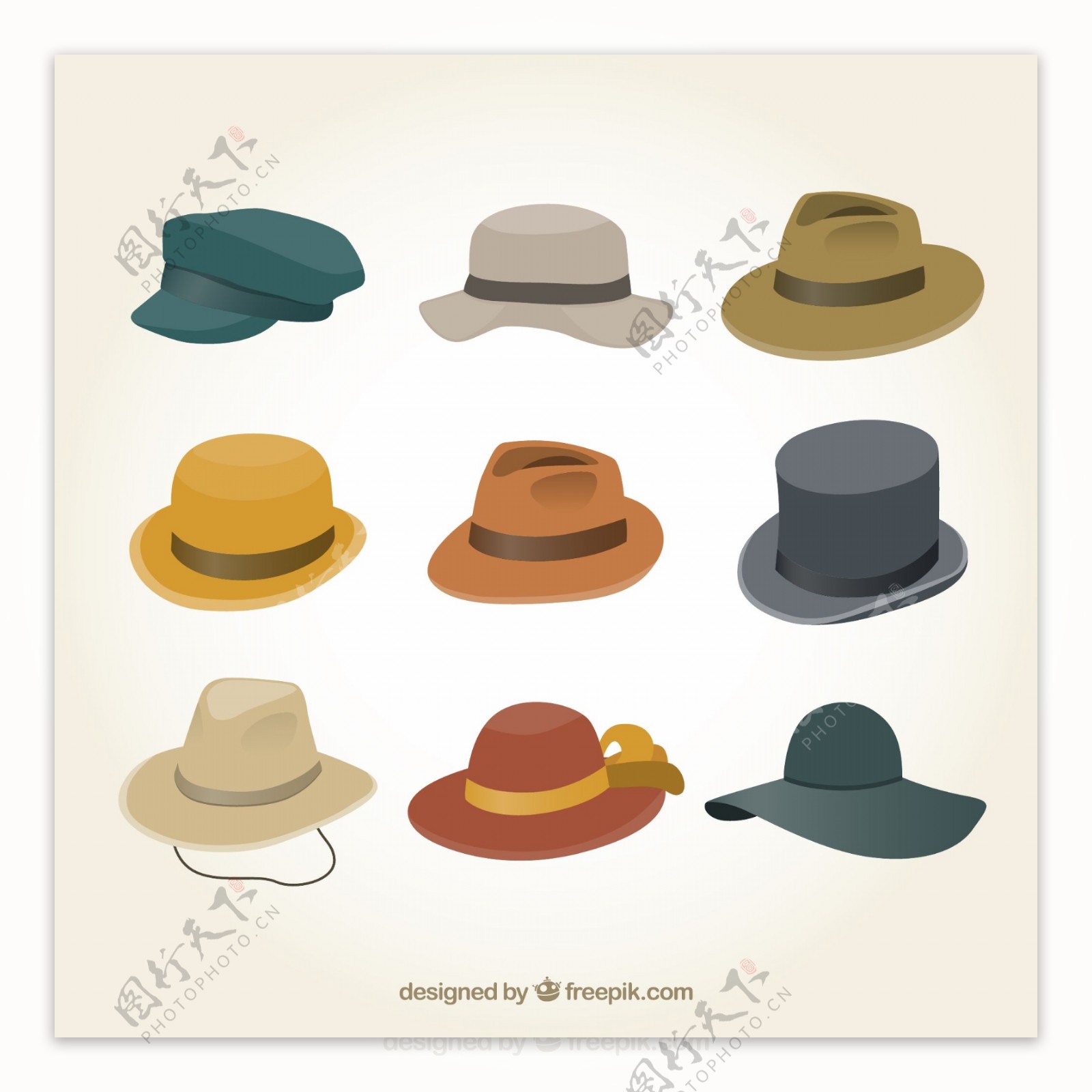 9顶不同款式时尚帽子矢量图下载