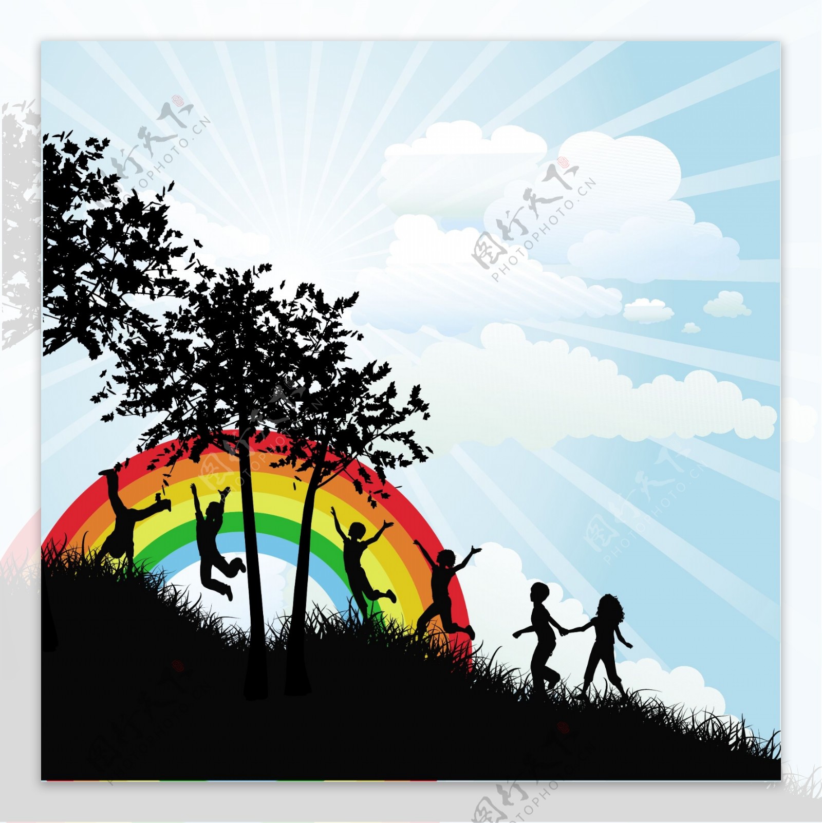 儿童剪影和彩虹背景