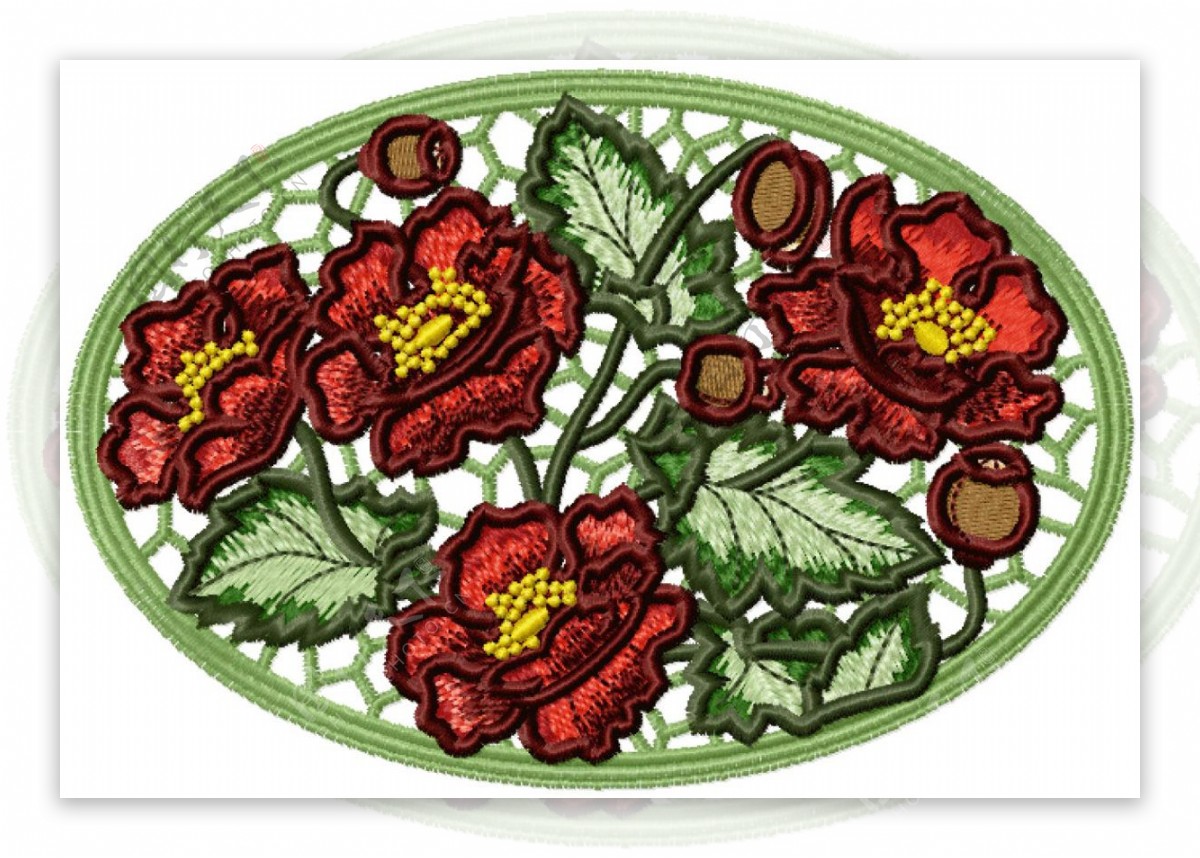 绣花花卉传统图案色彩红色免费素材
